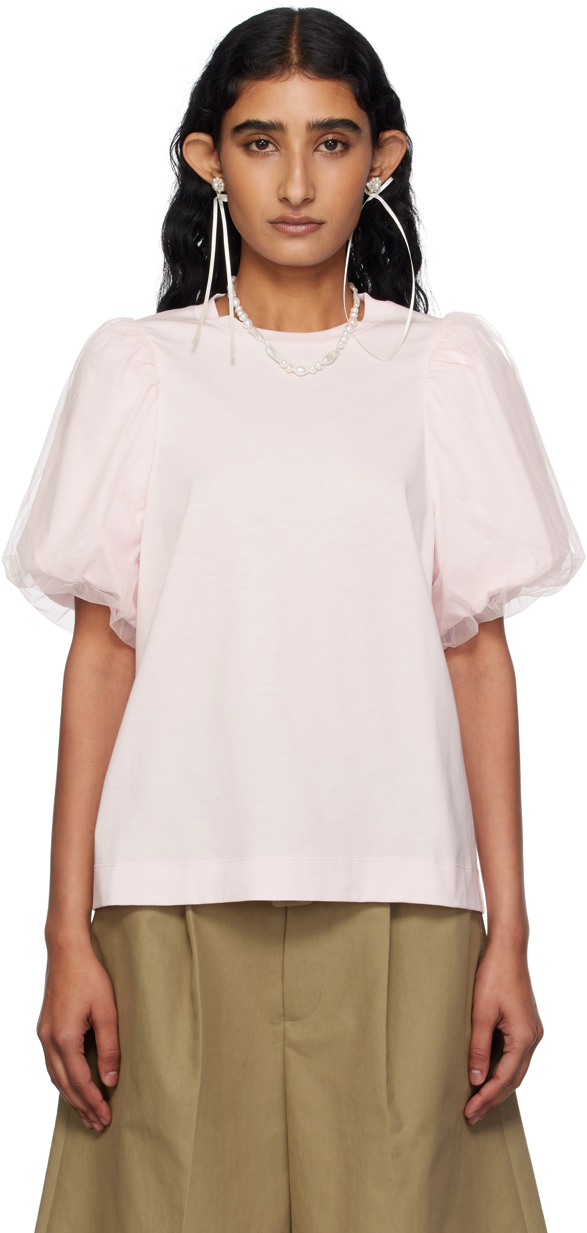 Simone Rocha Pink Tulle Overlay Puff Sleeve T-shirt In Pink