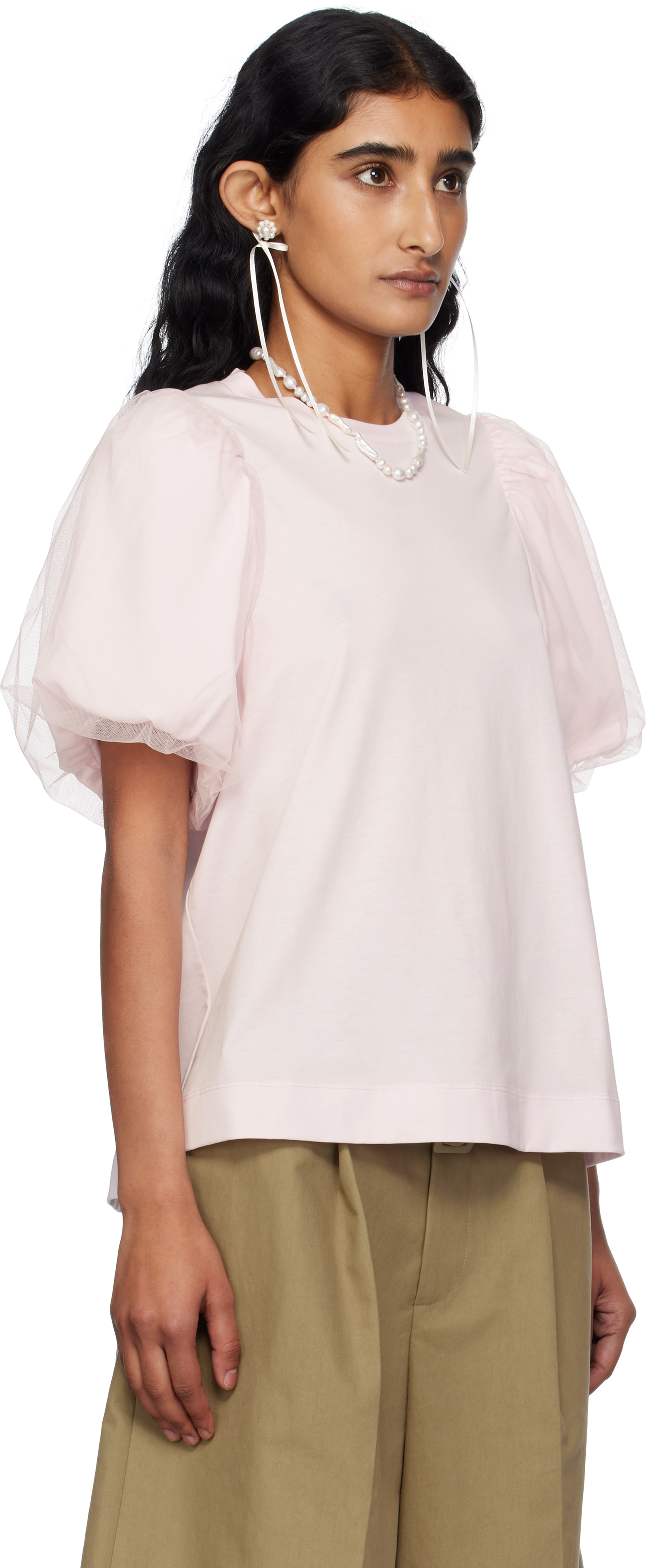 Simone Rocha Pink Tulle Overlay Puff Sleeve T-shirt In Pink