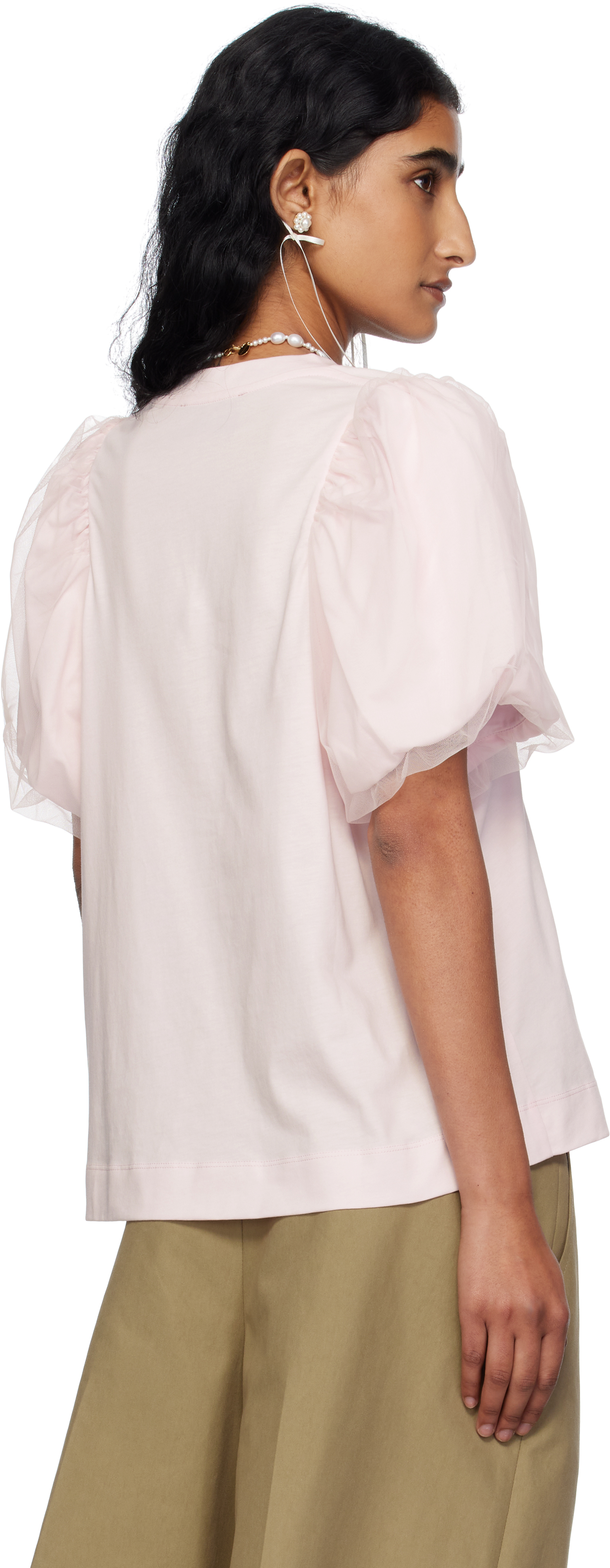 Simone Rocha Pink Tulle Overlay Puff Sleeve T-shirt In Pink