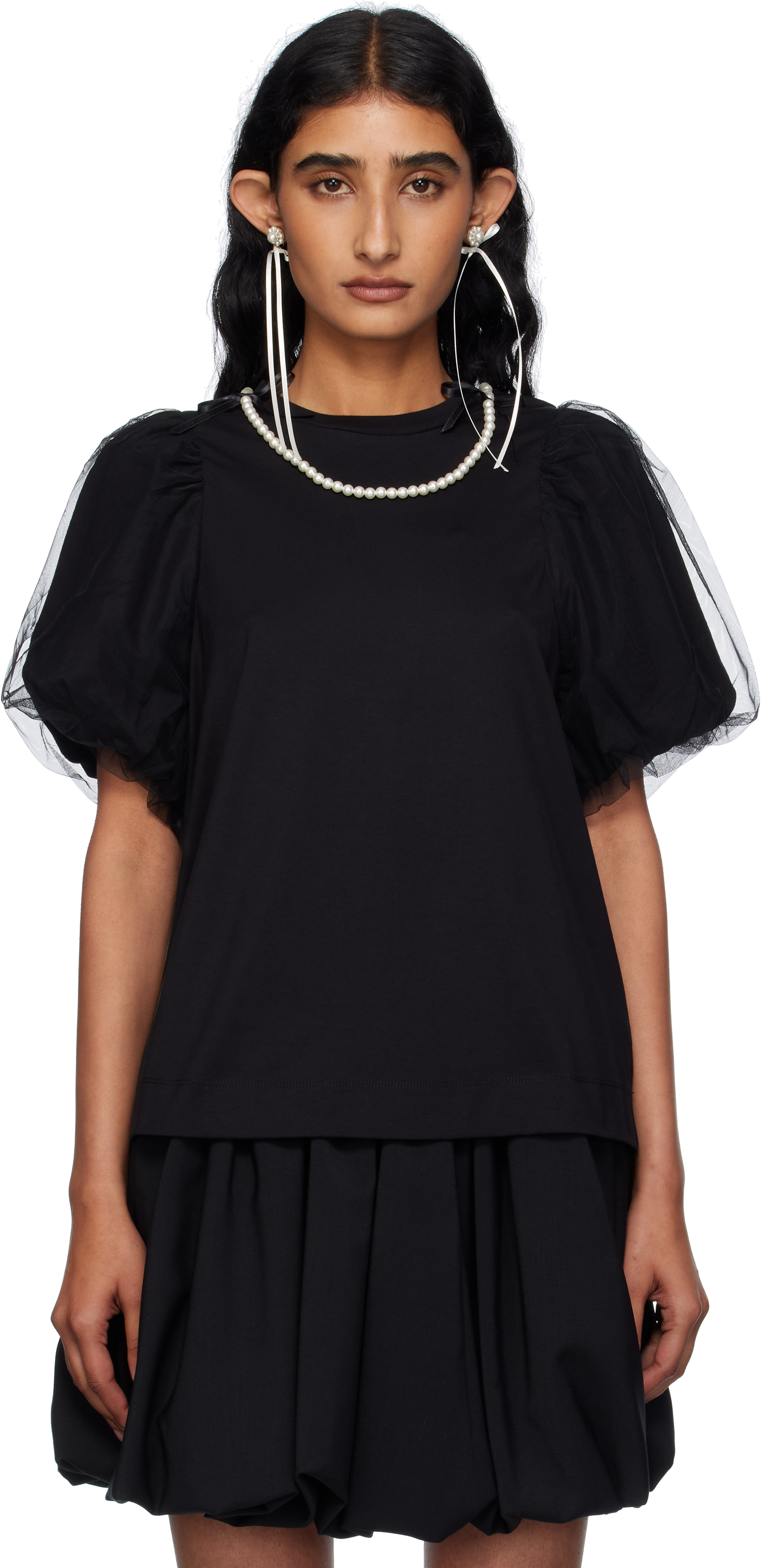 Simone Rocha: Black Embellished Tulle Overlay Puff Sleeve T