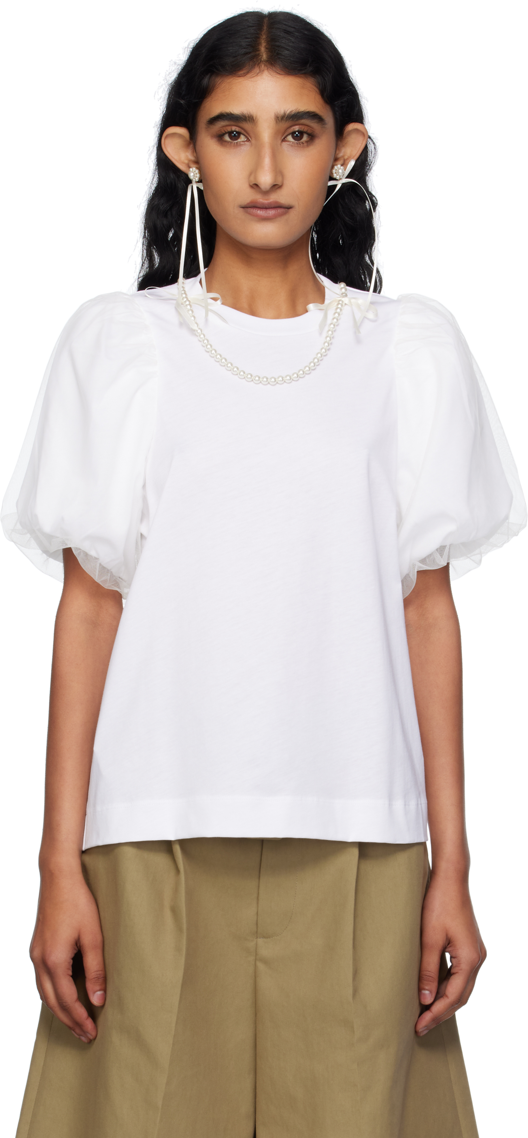 Black Embellished Tulle Overlay Puff Sleeve T-shirt