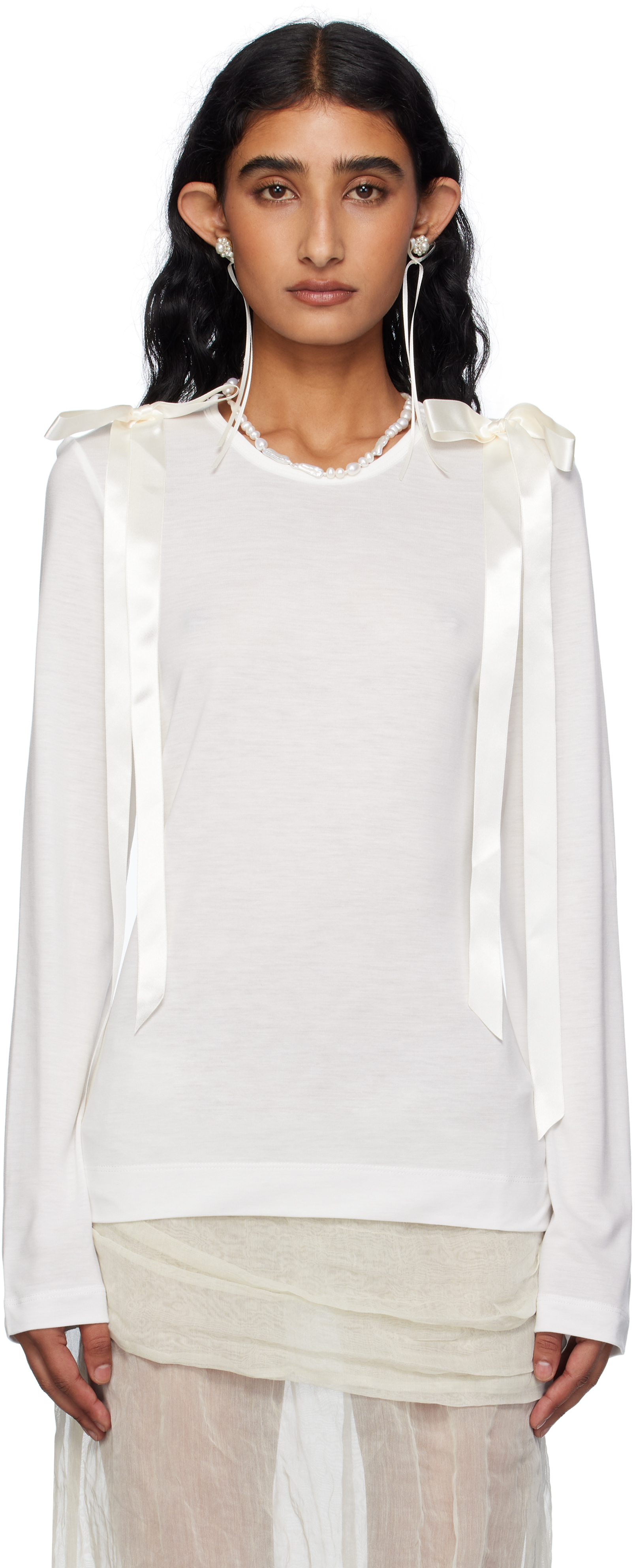 Simone Rocha Off-white Bow Ribbon Tail Long Sleeve T-shirt In White