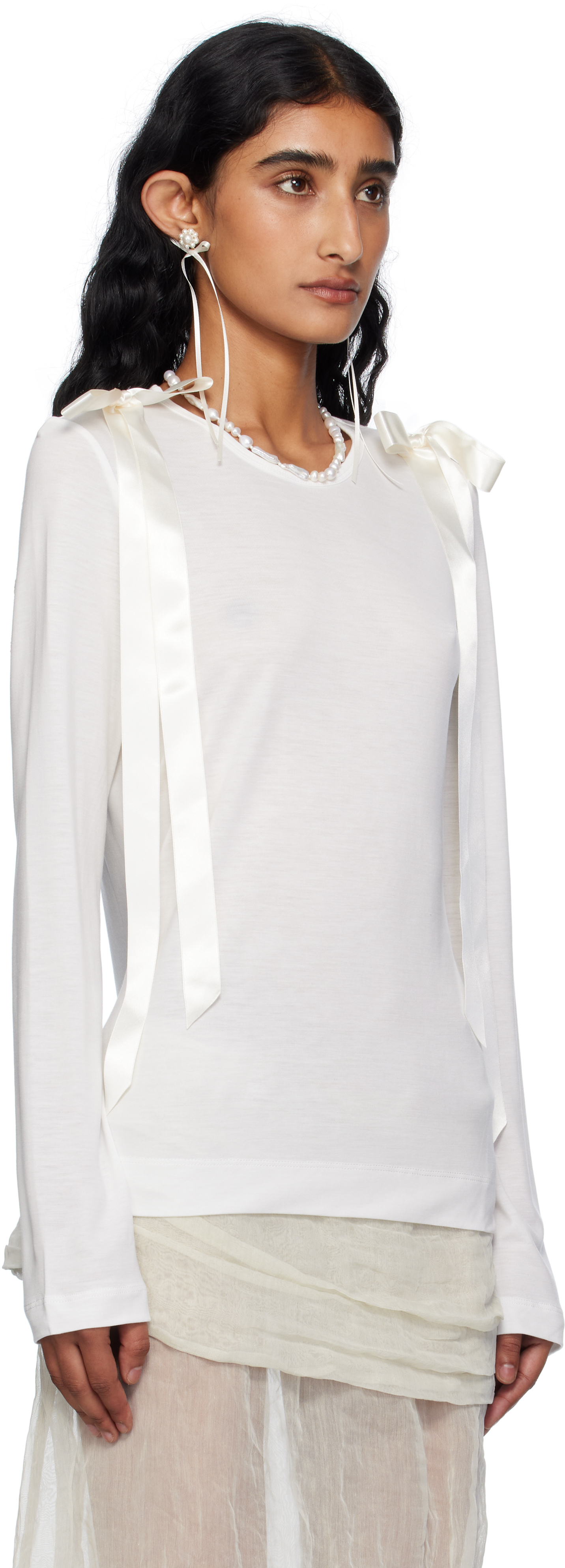 Simone Rocha Off-white Bow Ribbon Tail Long Sleeve T-shirt In White