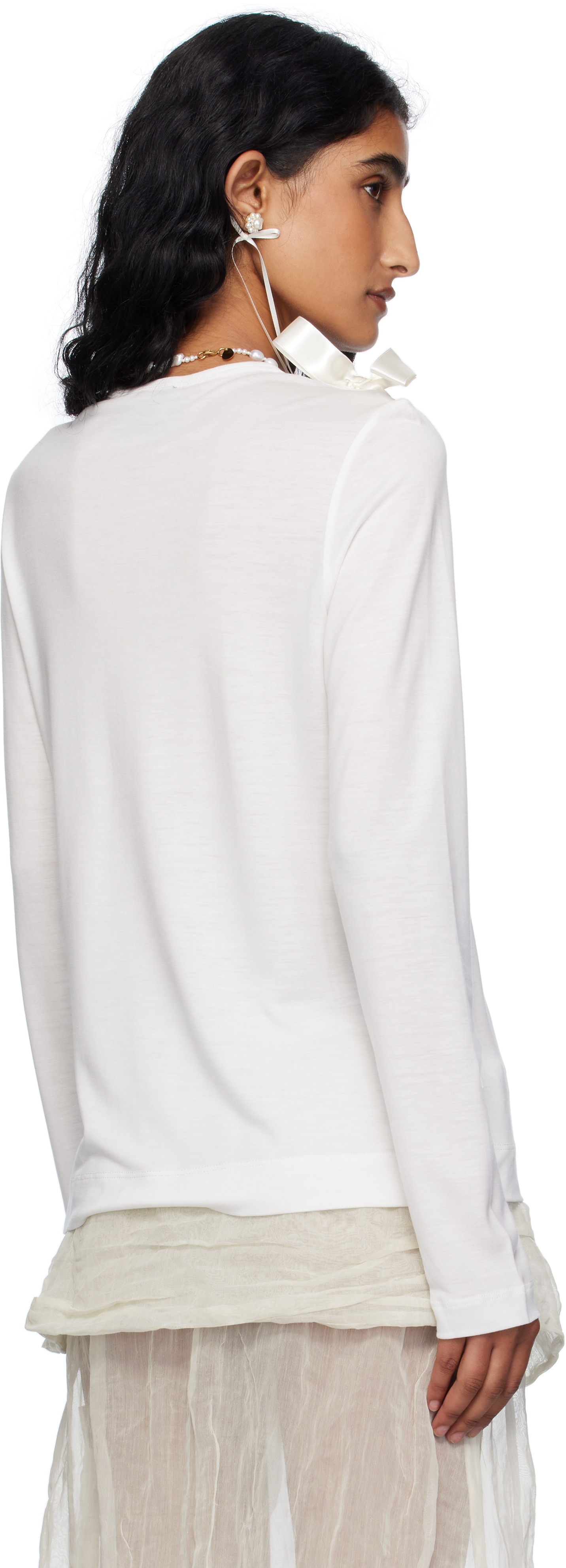 Simone Rocha Off-white Bow Ribbon Tail Long Sleeve T-shirt In White