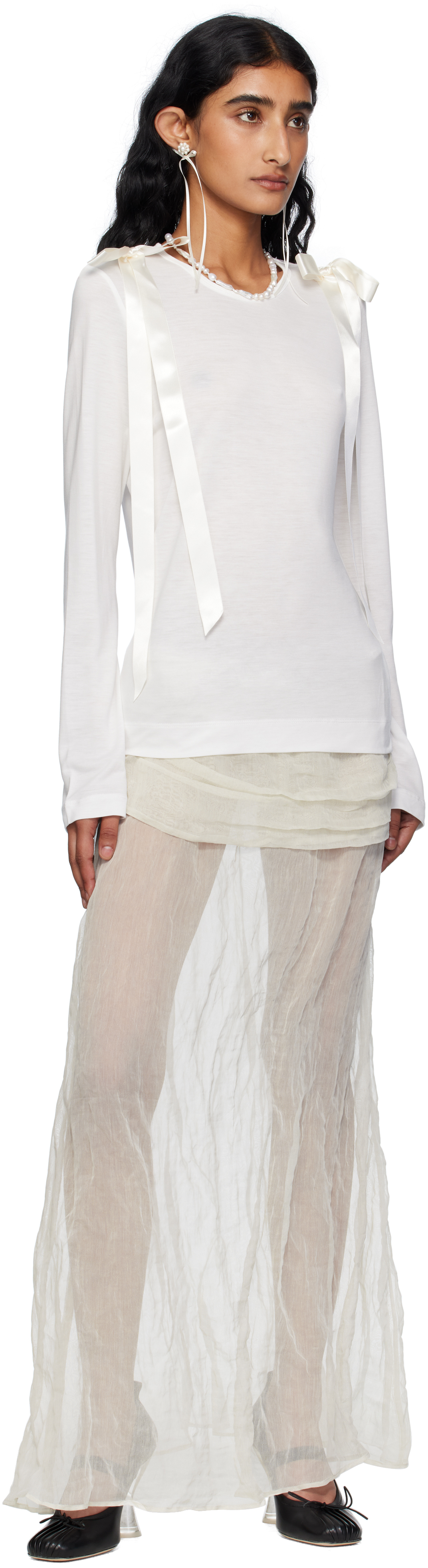Simone Rocha Off-white Bow Ribbon Tail Long Sleeve T-shirt In White