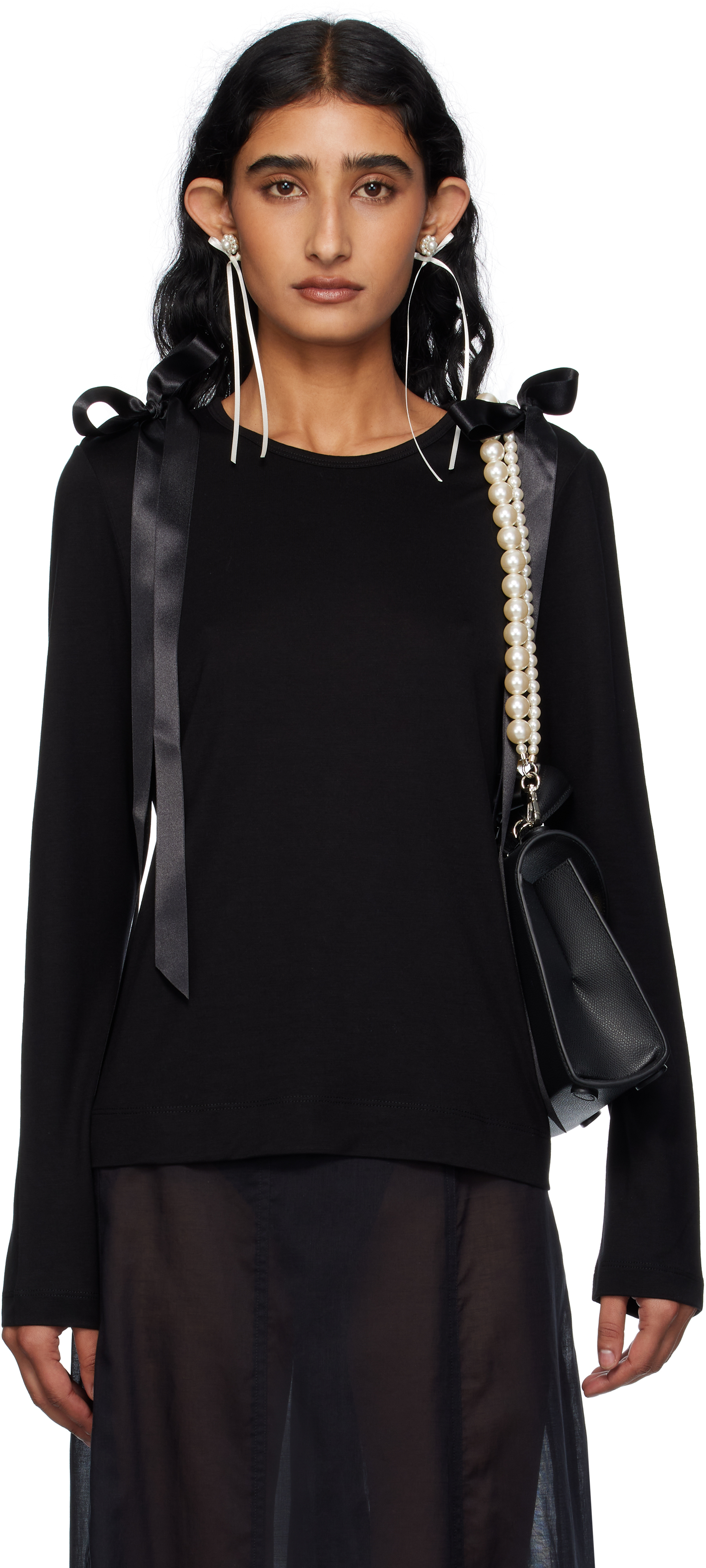 Simone Rocha Black Bow Ribbon Tail Long Sleeve T-shirt In Black
