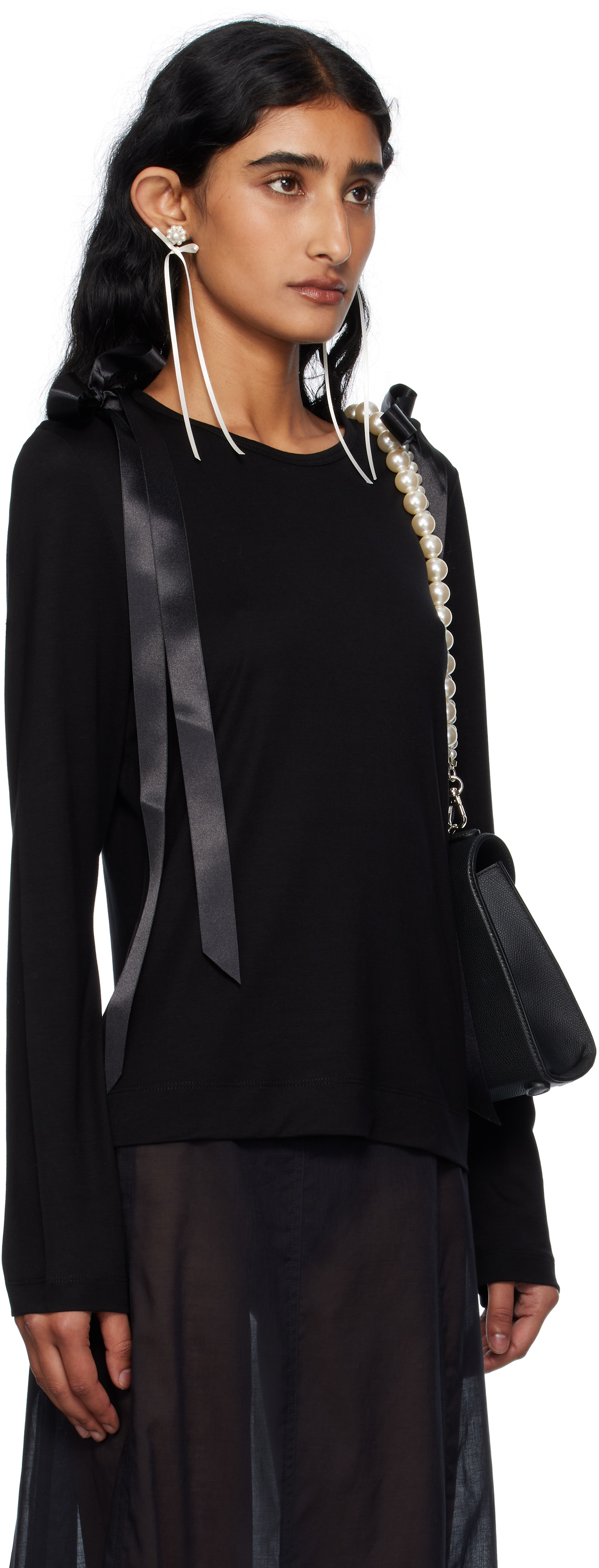 Simone Rocha Black Bow Ribbon Tail Long Sleeve T-shirt In Black