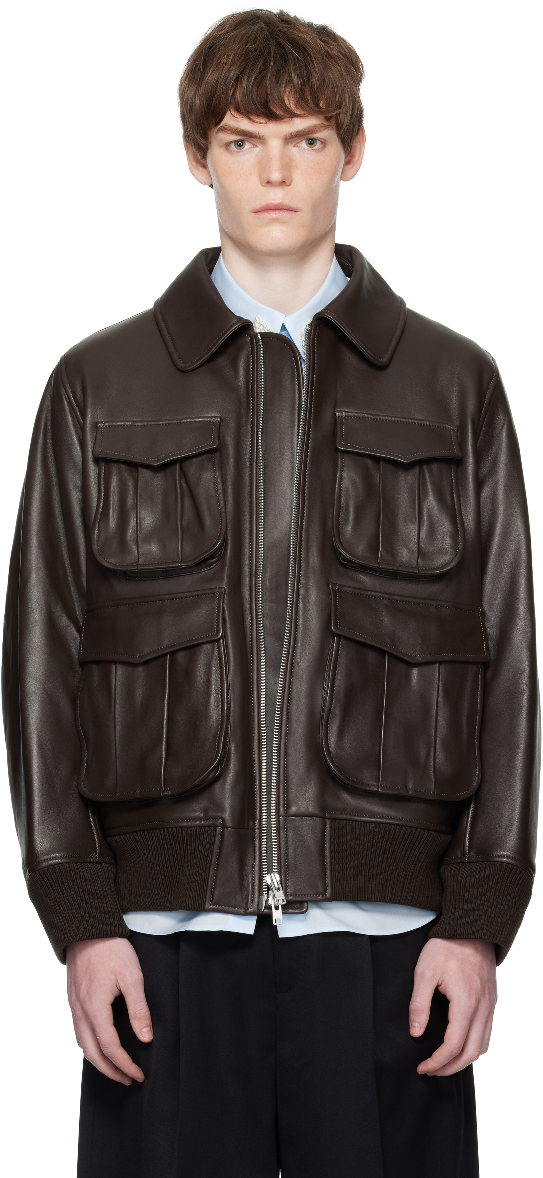 Brown Oversized Multi Pocket Aviator Leather Jacket