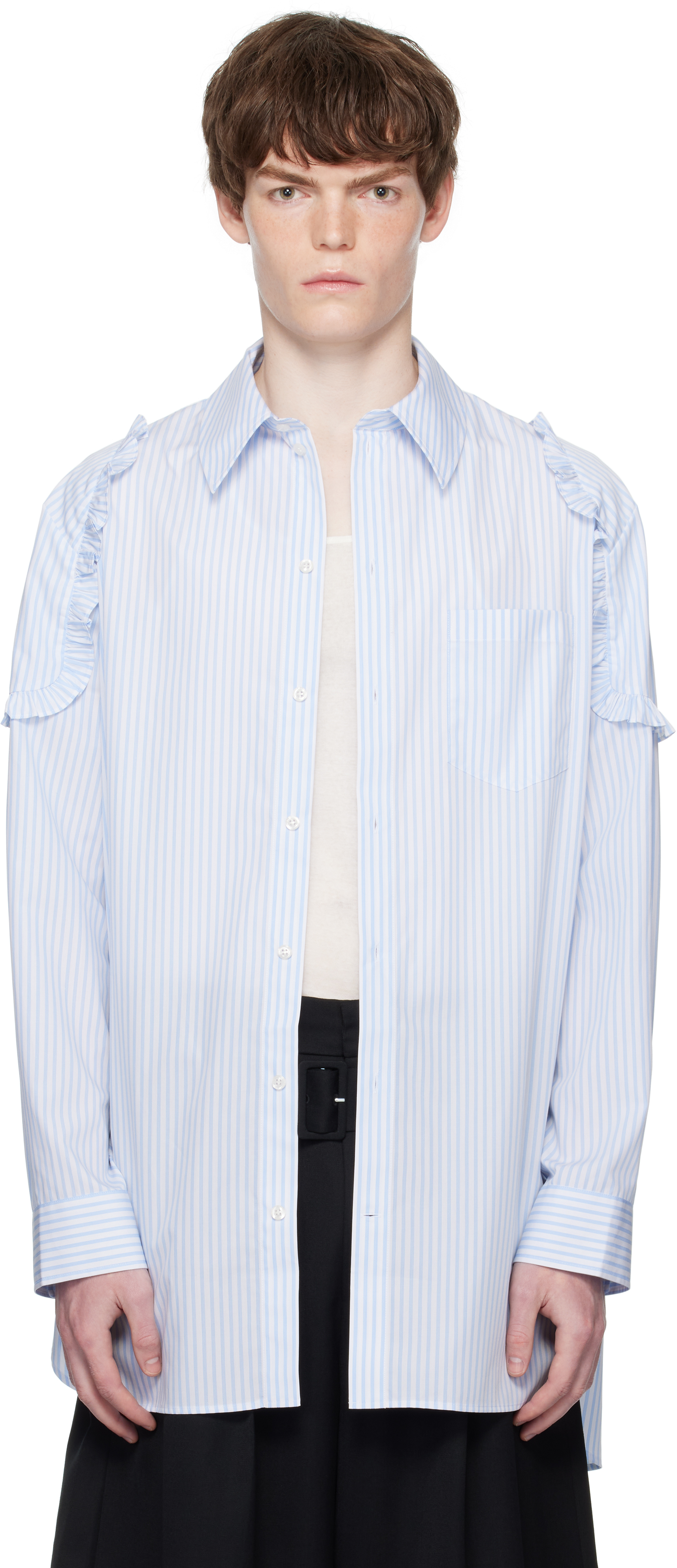 White & Blue Ruffle Shoulder Patch Tunic Shirt