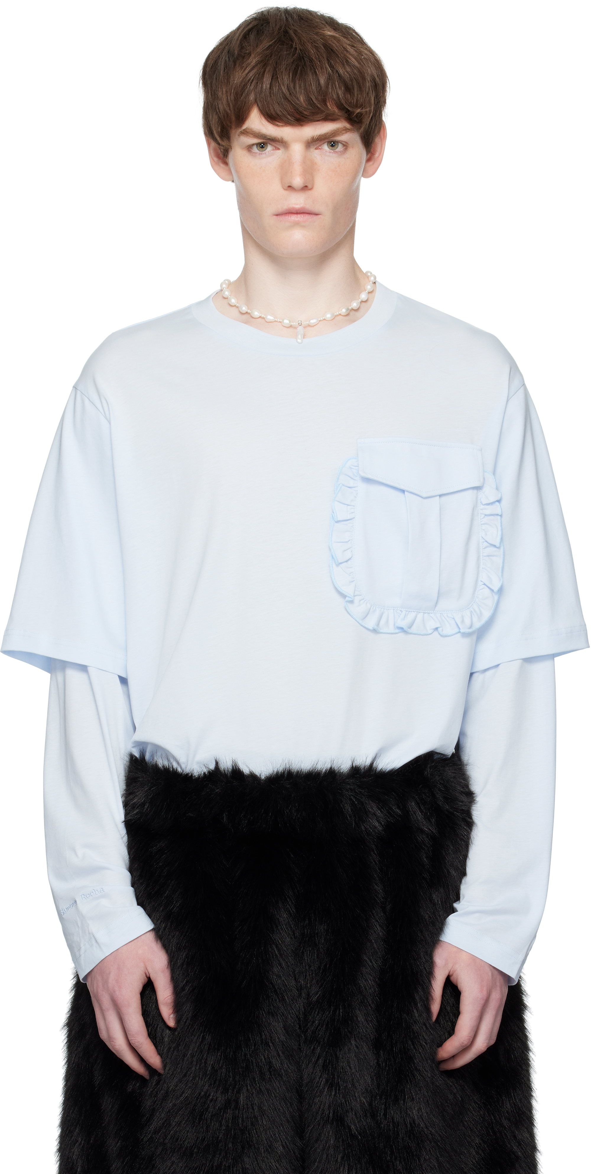 Blue Layered Ruffle Pocket Long Sleeve T-shirt