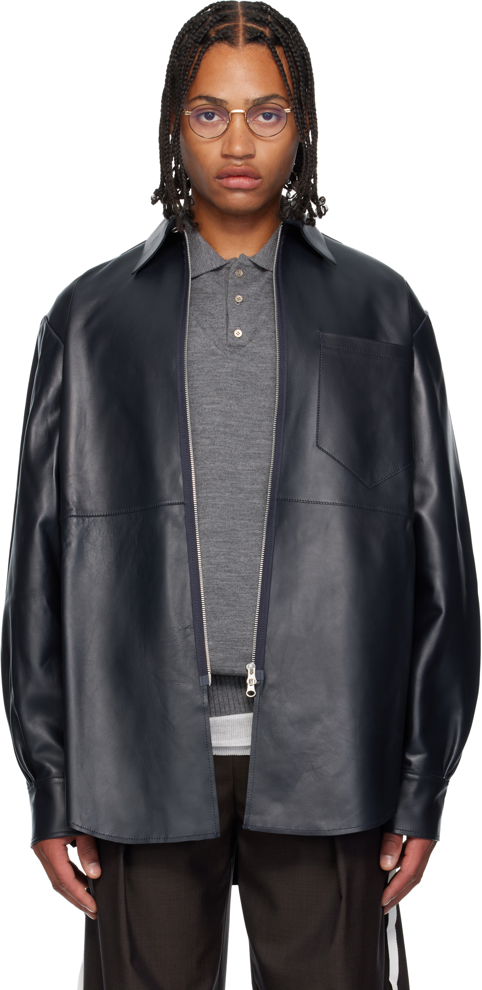 Sonia Carrasco Navy Zipped Leather Jacket In Blue