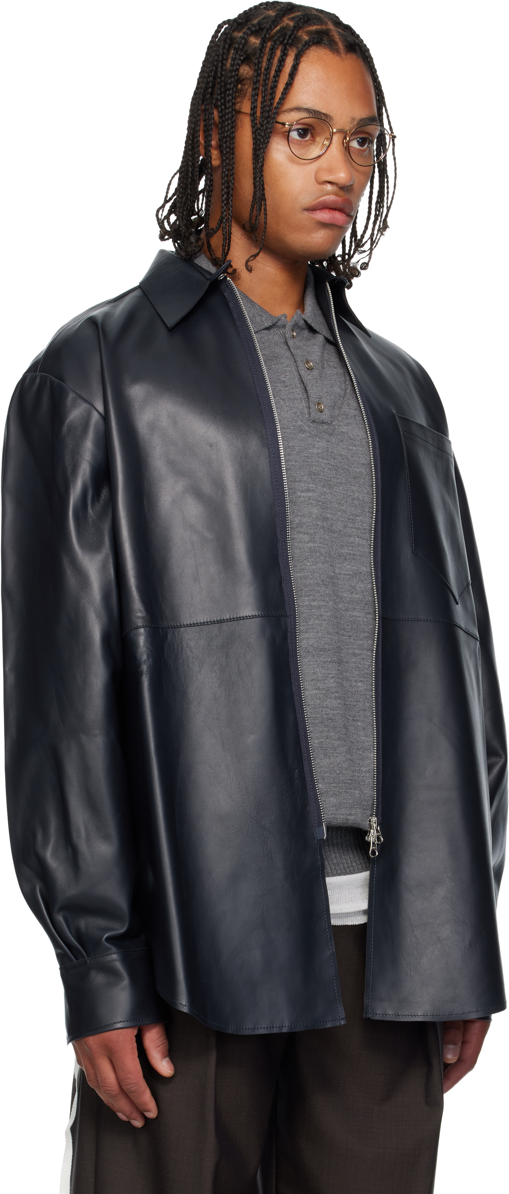 Sonia Carrasco Navy Zipped Leather Jacket In Blue