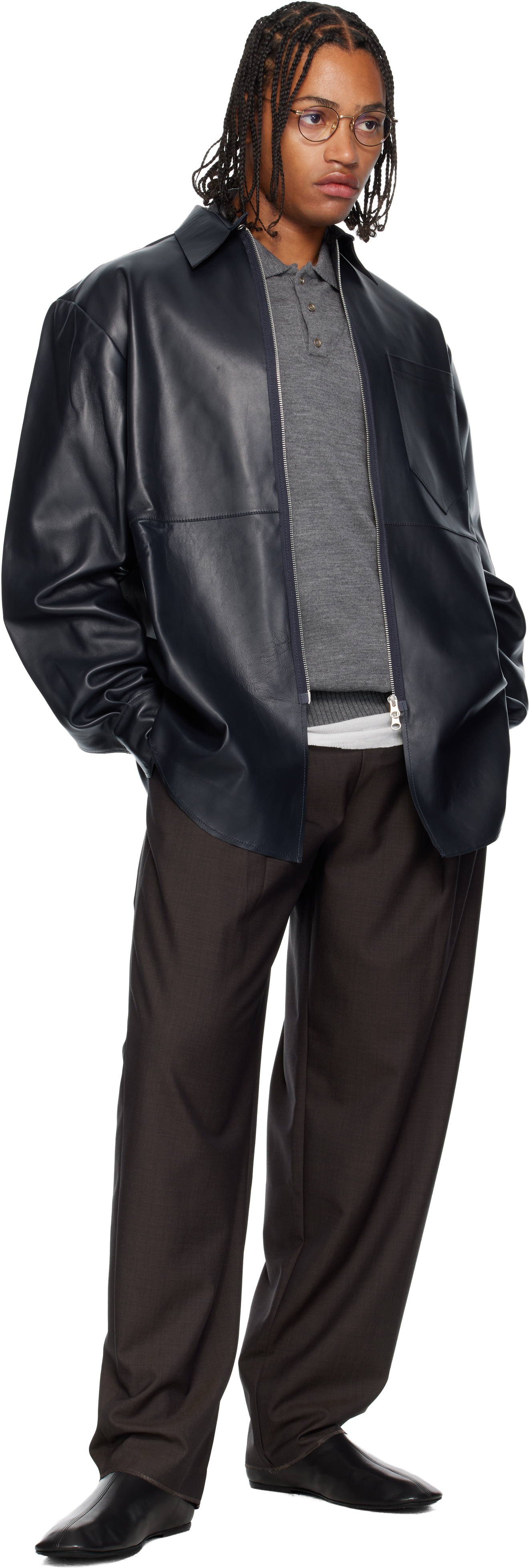 Sonia Carrasco Navy Zipped Leather Jacket In Blue