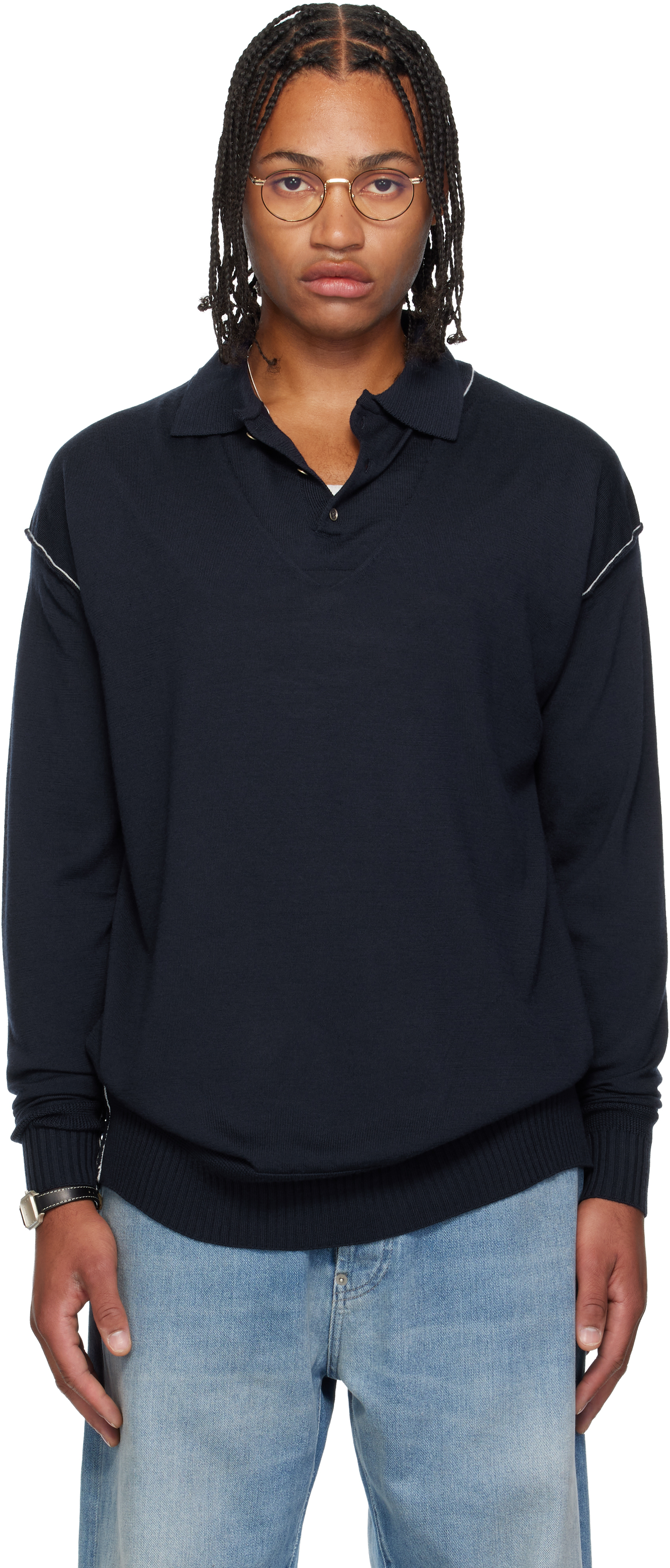 Sonia Carrasco Navy Knit Double Collar Polo In Blue