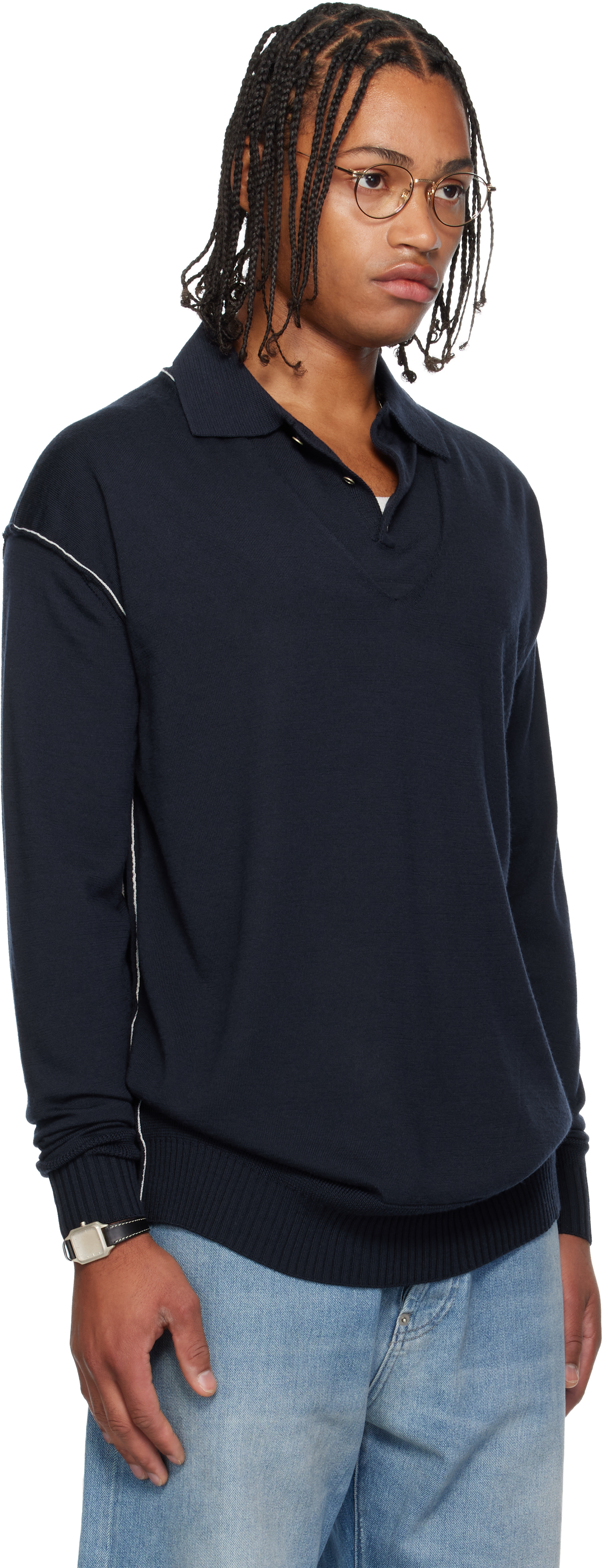 Sonia Carrasco Navy Knit Double Collar Polo In Blue