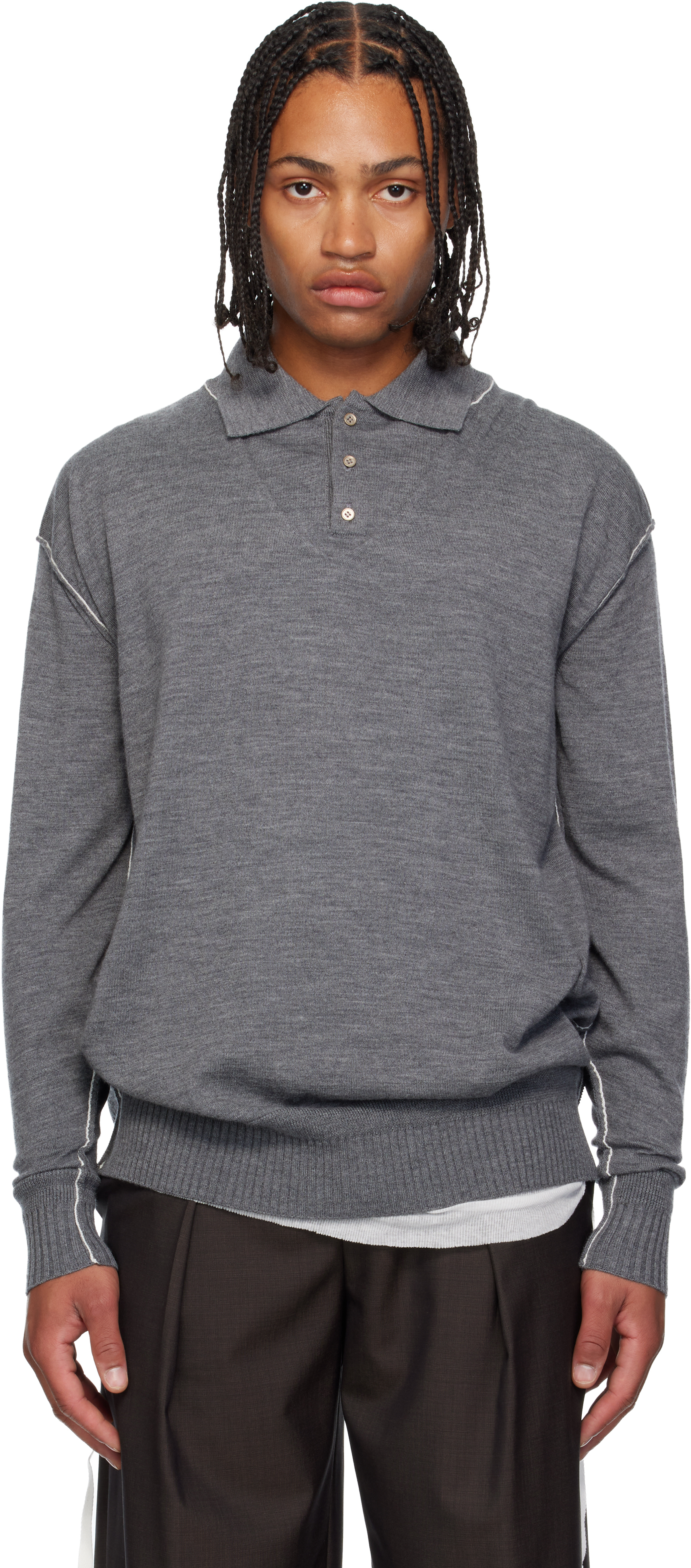 Sonia Carrasco Gray Knit Double Collar Polo In Gray