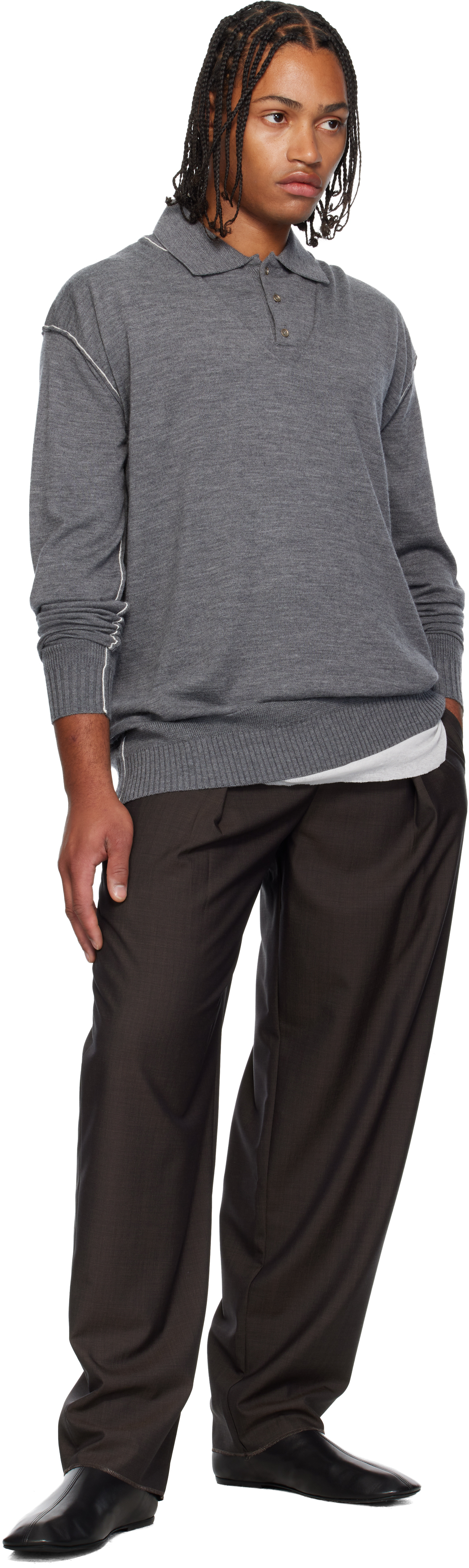 Sonia Carrasco Gray Knit Double Collar Polo In Gray