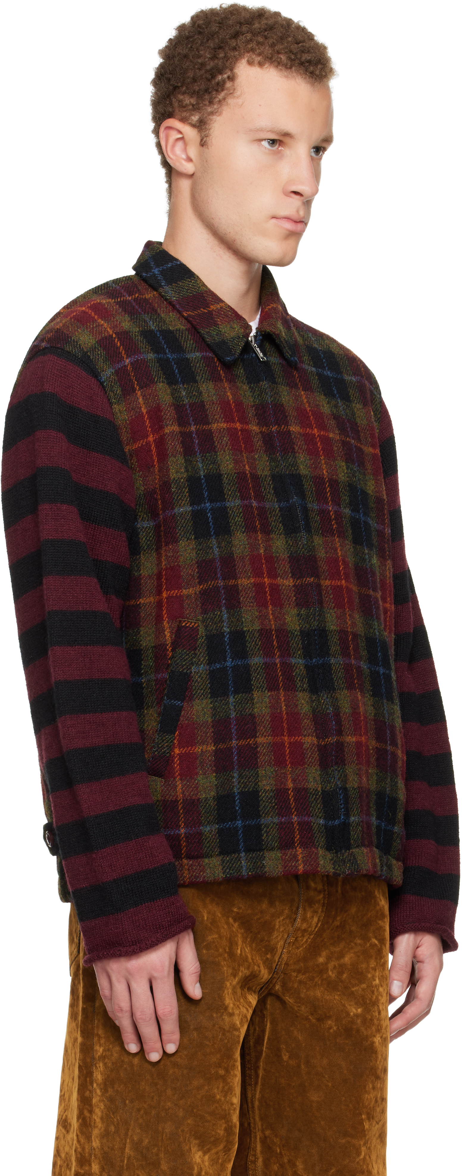 Undercover Red Patchwork-sleeve Coat In Multi