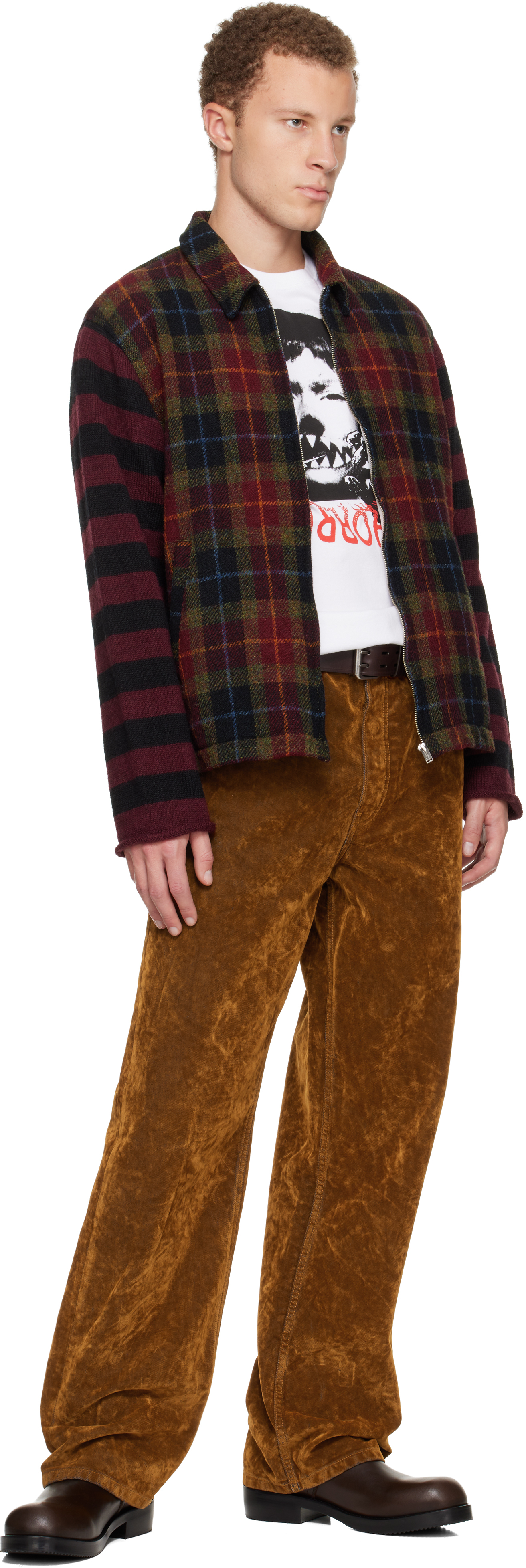 Undercover Red Patchwork-sleeve Coat In Multi