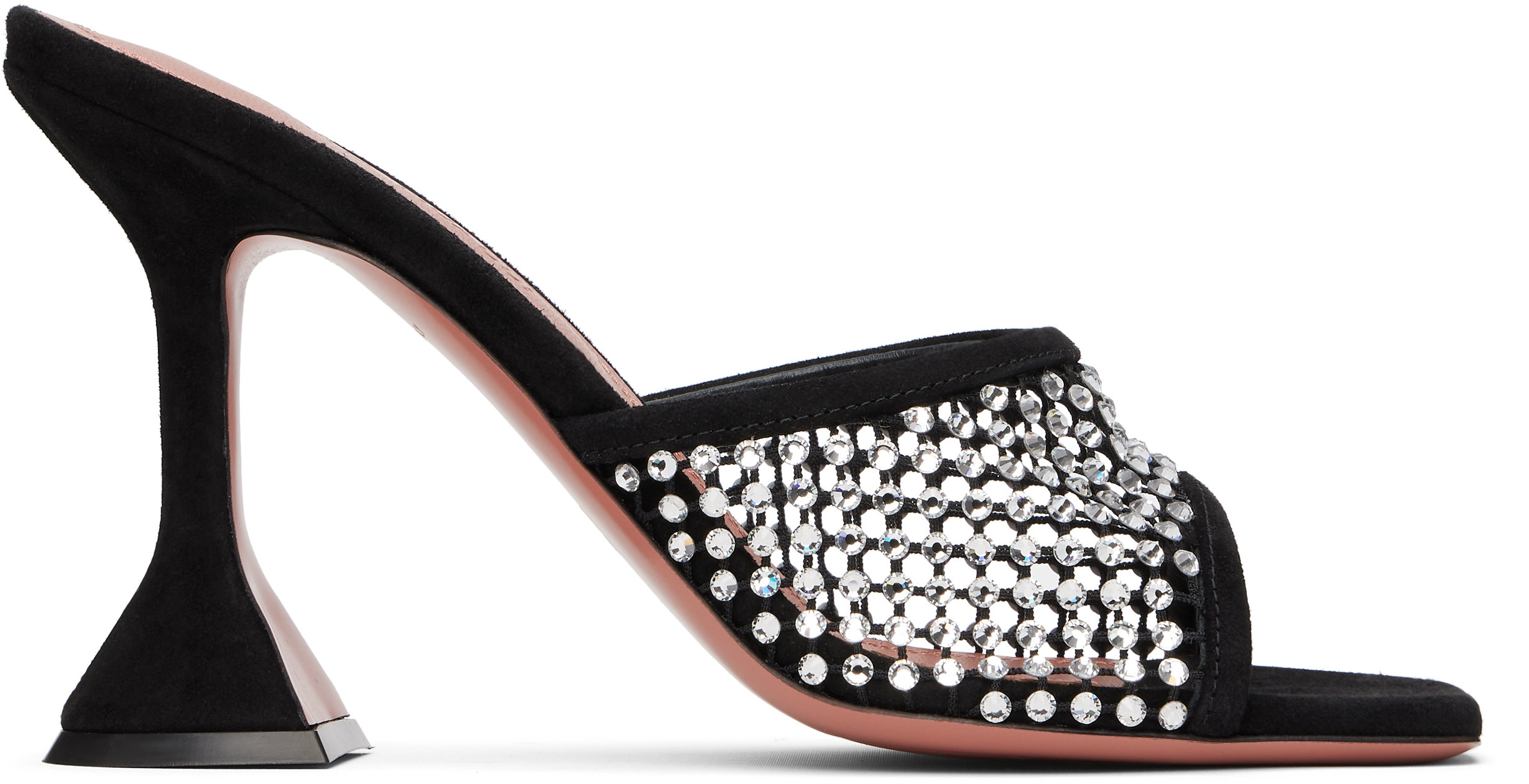 Shop Amina Muaddi Black Lupita Crystal Net Heeled Sandals