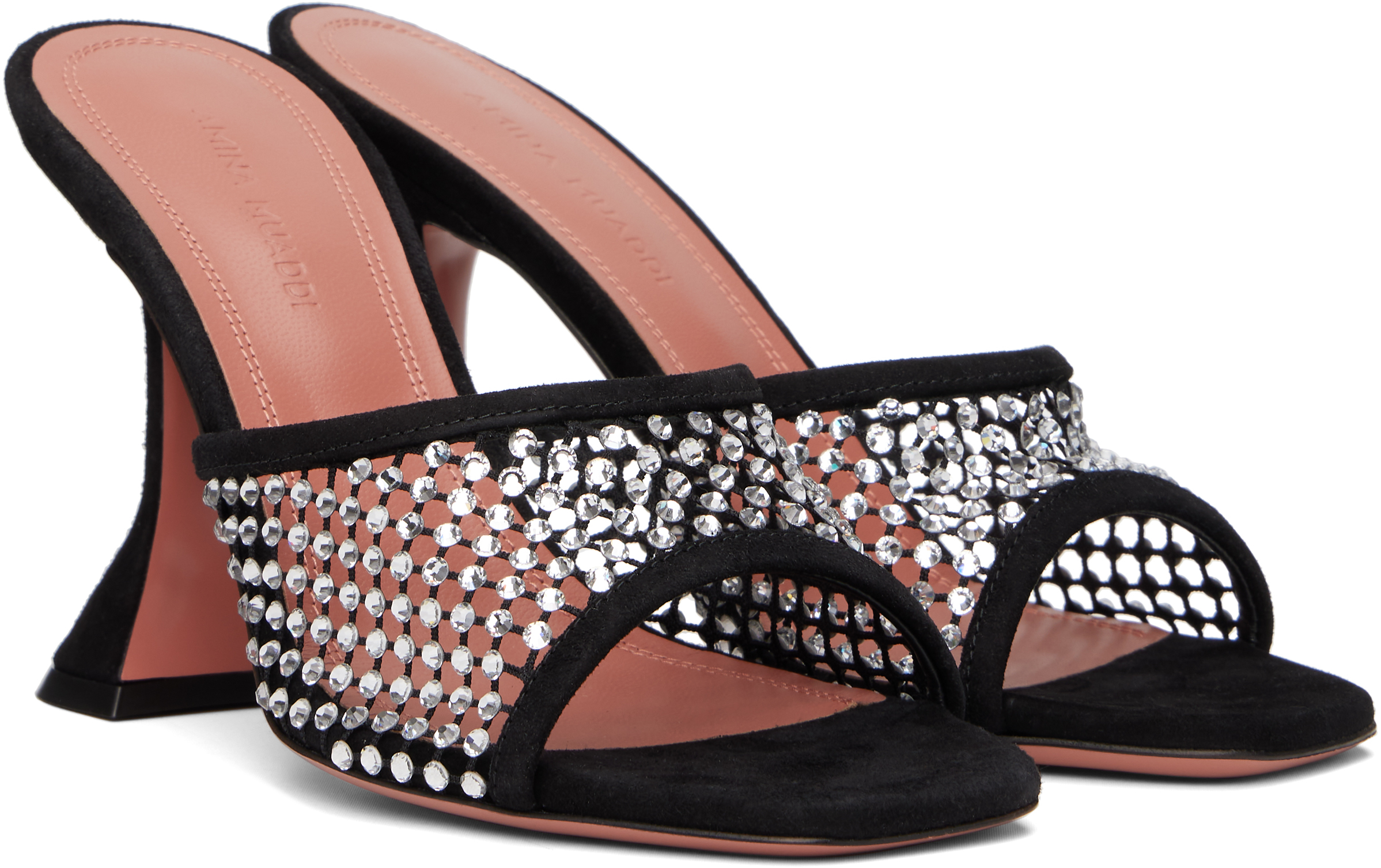 Shop Amina Muaddi Black Lupita Crystal Net Heeled Sandals