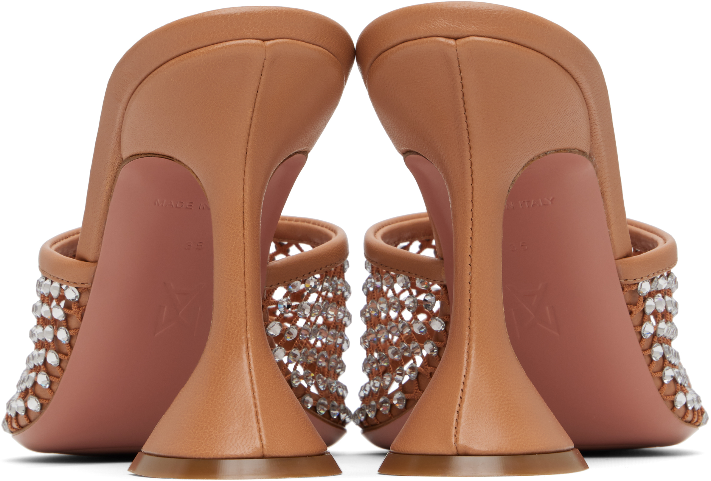Amina Muaddi Tan Lupita Crystal Net Slipper Heeled Sandals