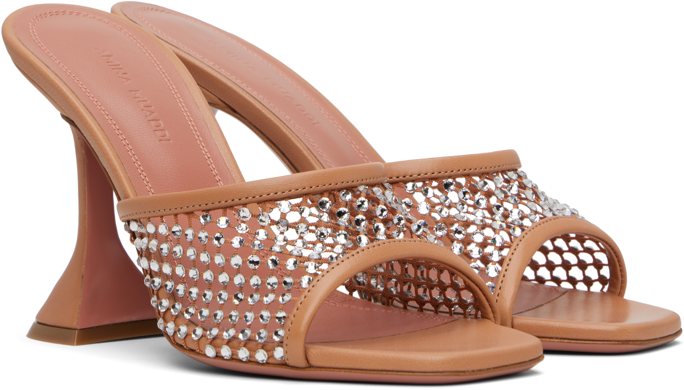 Amina Muaddi Tan Lupita Crystal Net Slipper Heeled Sandals
