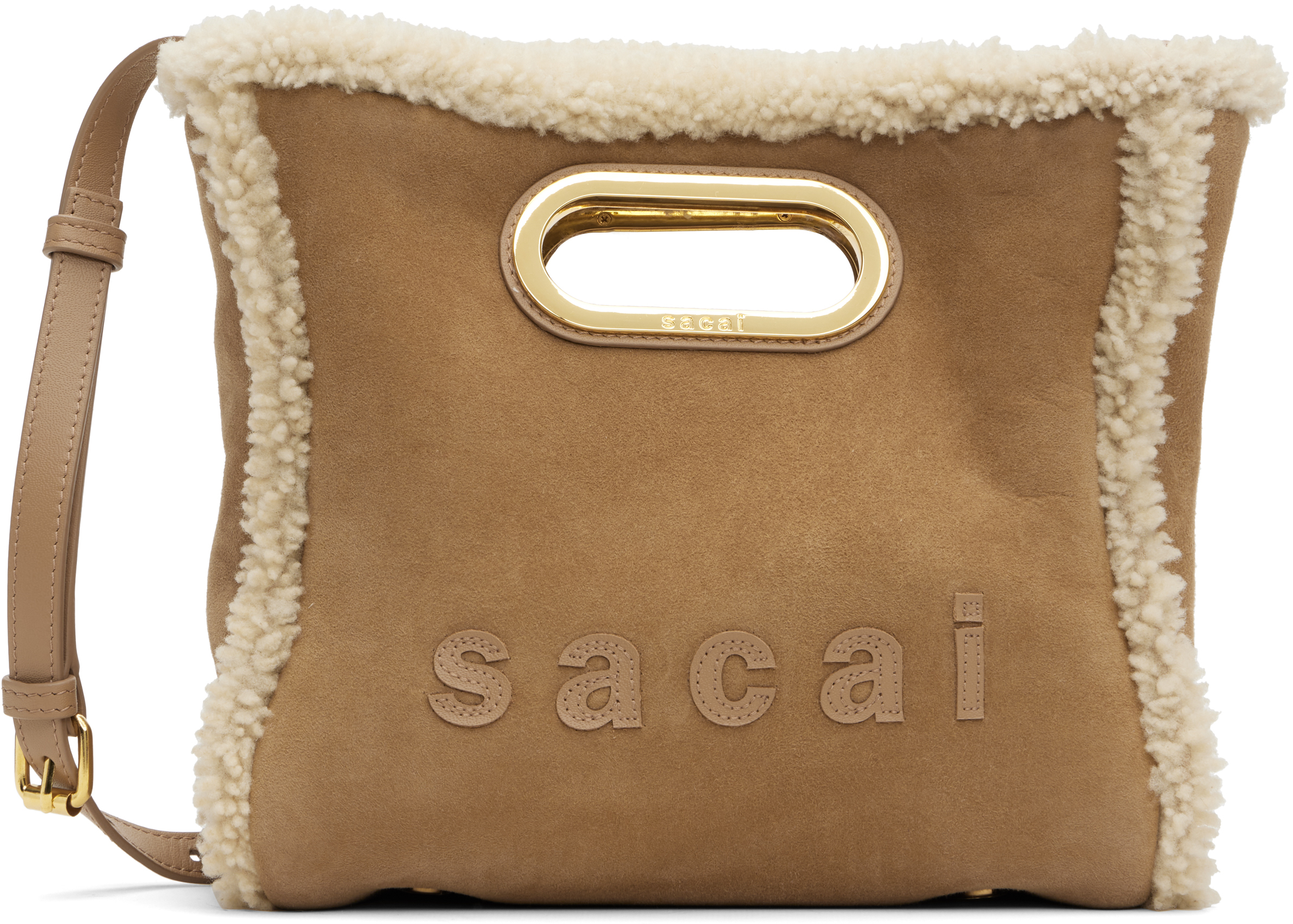 Sacai Beige Shearling Small Shopper Bag In Brown