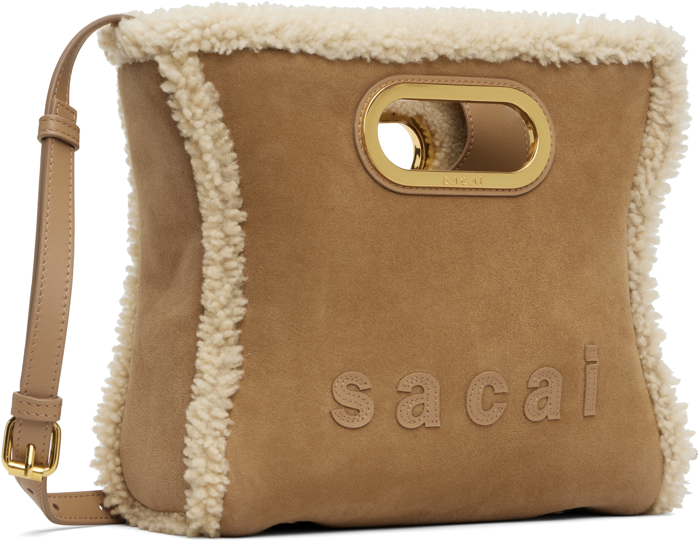 Sacai Beige Shearling Small Shopper Bag In Brown