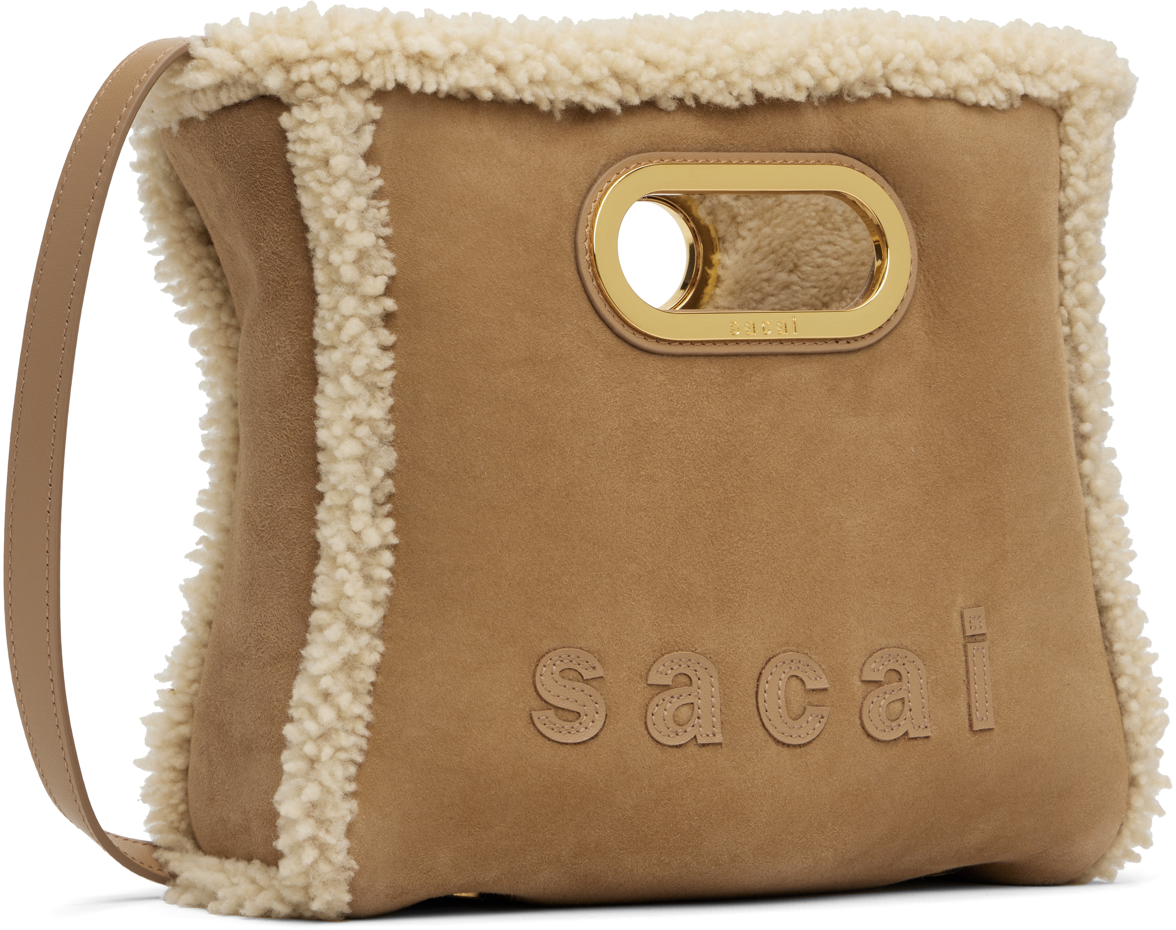 Sacai Beige Shearling Small Shopper Bag In Brown