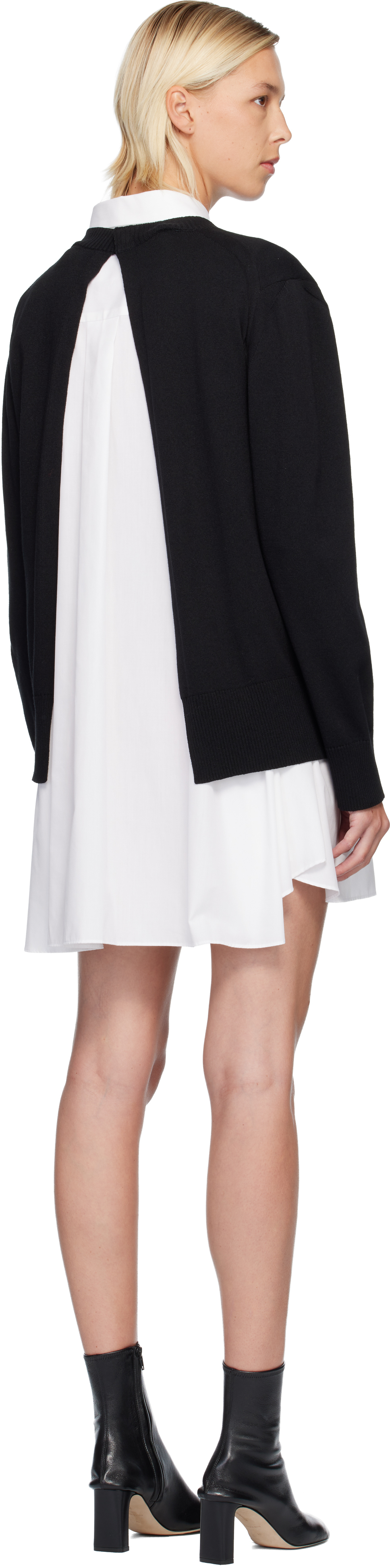 Sacai White & Black Poplin & Cotton Knit Minidress In Black