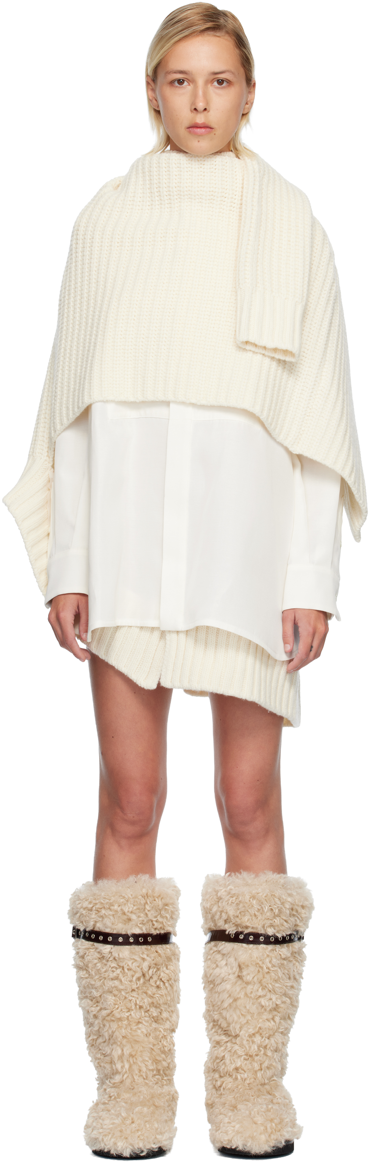 sacai: Off-White Double-Faced Silk Cotton & Wool Knit Minidress