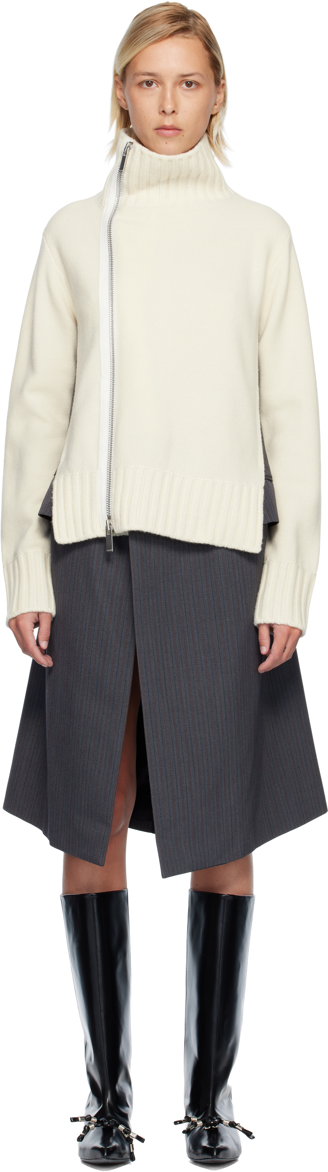 sacai Off-White Stripe Doeskin & Wool Knit Midi Dress