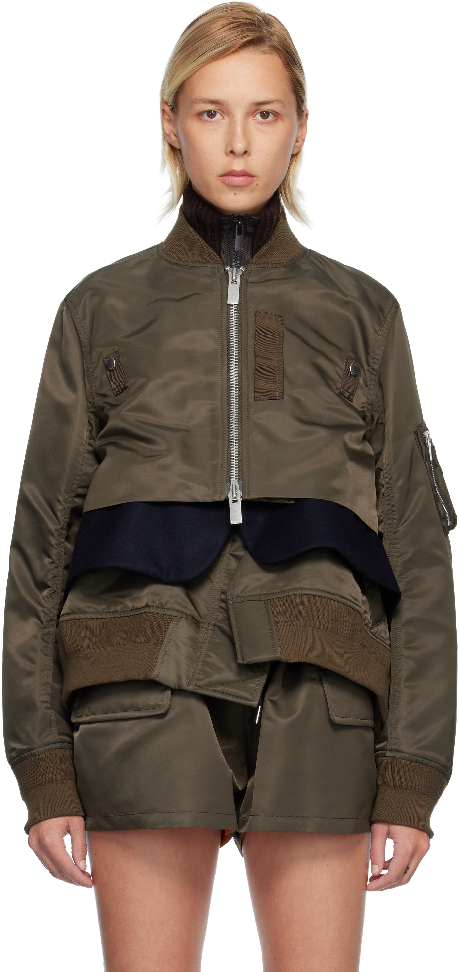sacai: Khaki Nylon Twill & Wool Melton Blouson Jacket | SSENSE
