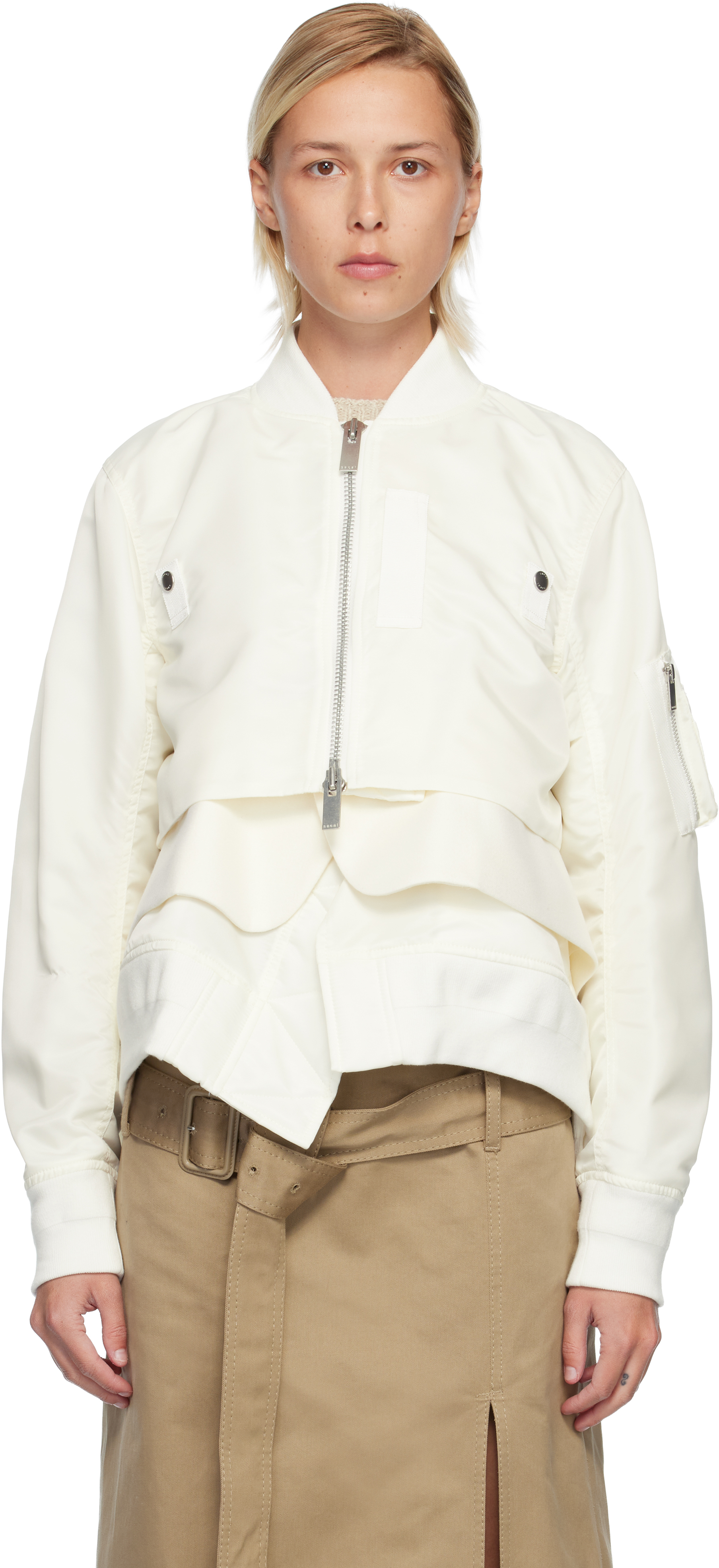sacai: Off-White Nylon Twill & Wool Melton Blouson Jacket | SSENSE