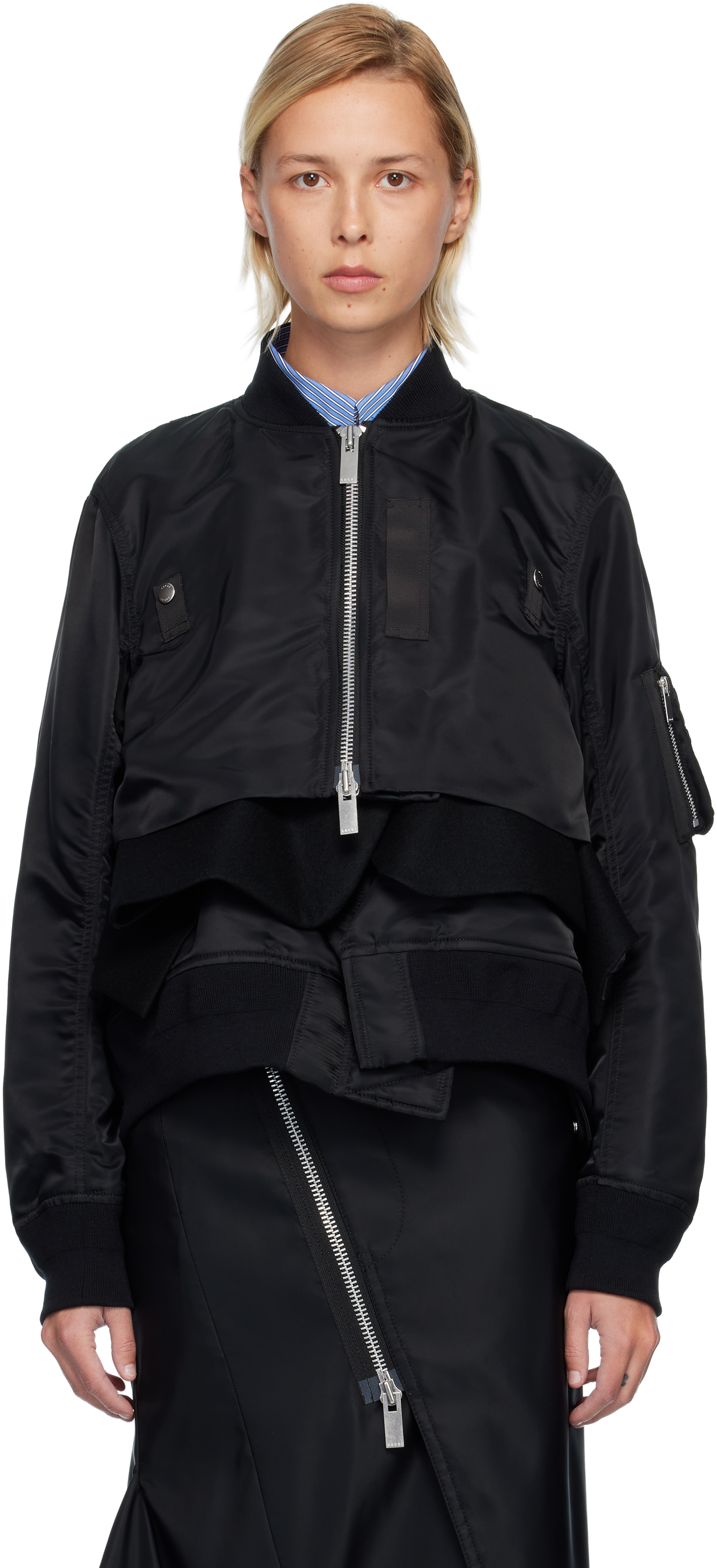Sacai Black Nylon Twill & Wool Melton Blouson Jacket In Multi