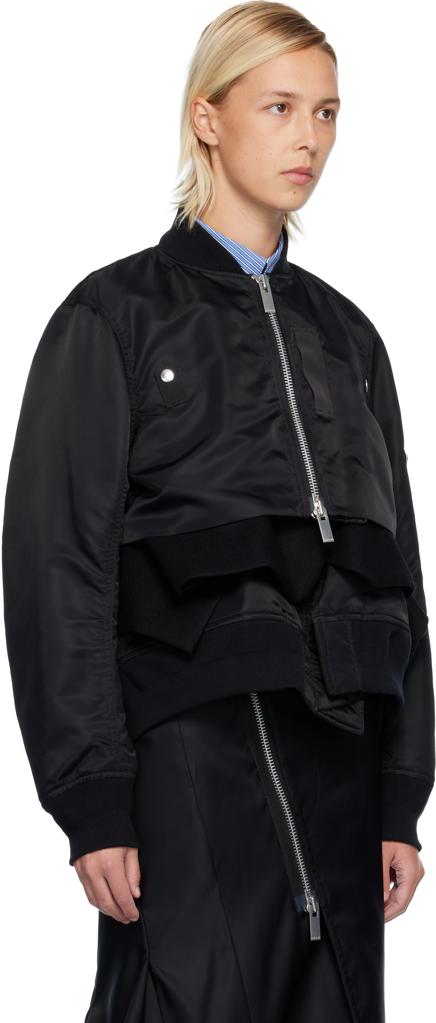 Sacai Black Nylon Twill & Wool Melton Blouson Jacket In Multi