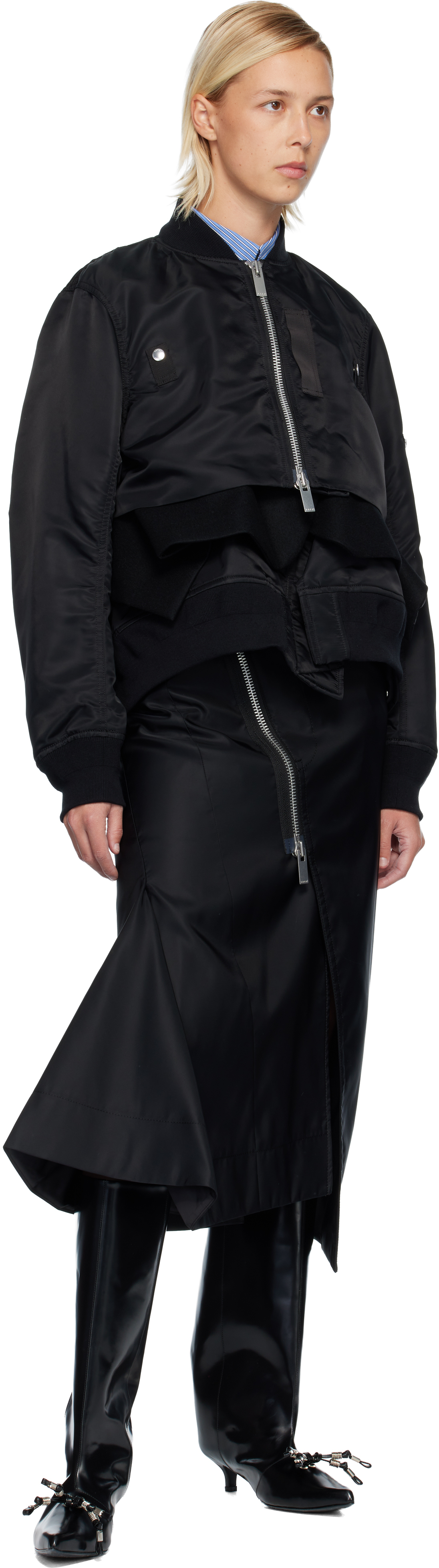 Sacai Black Nylon Twill & Wool Melton Blouson Jacket In Multi