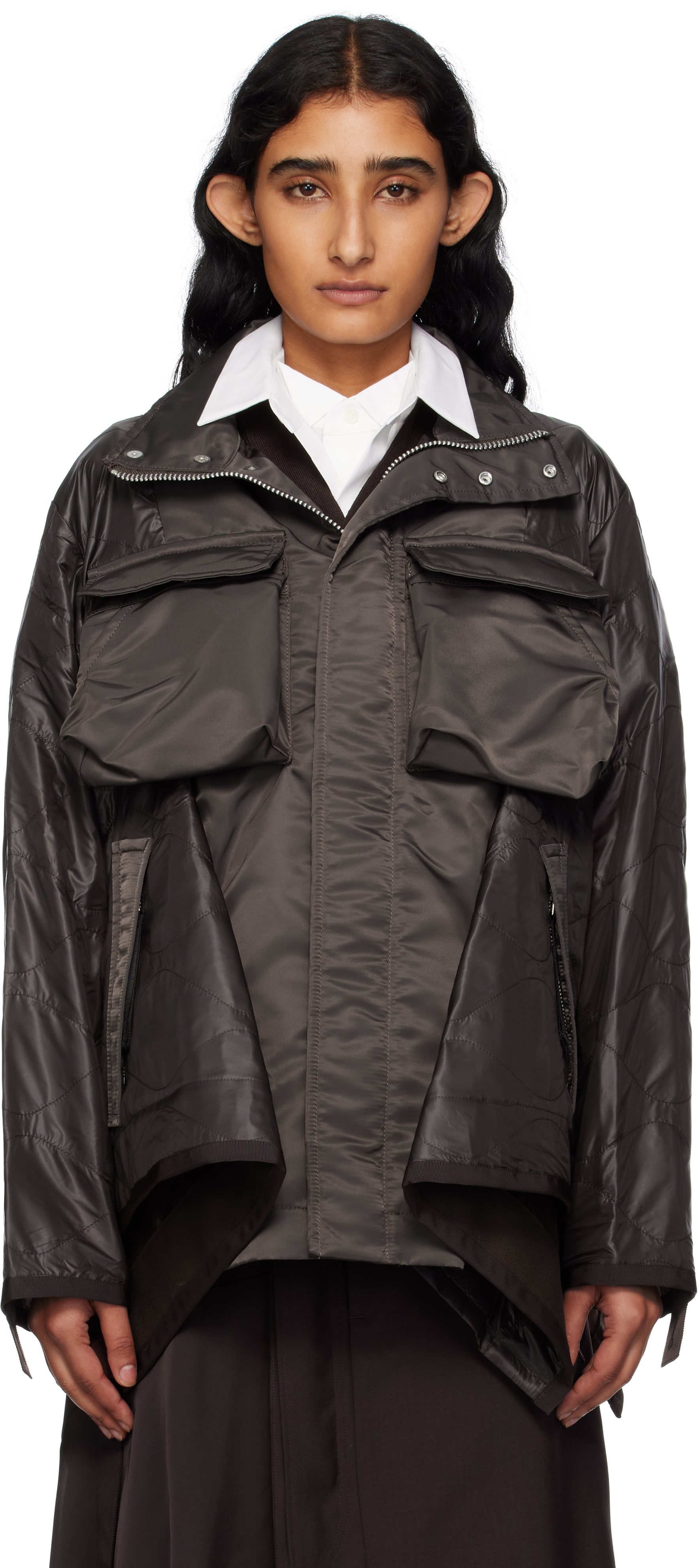 Brown Nylon Twill Mix Coat