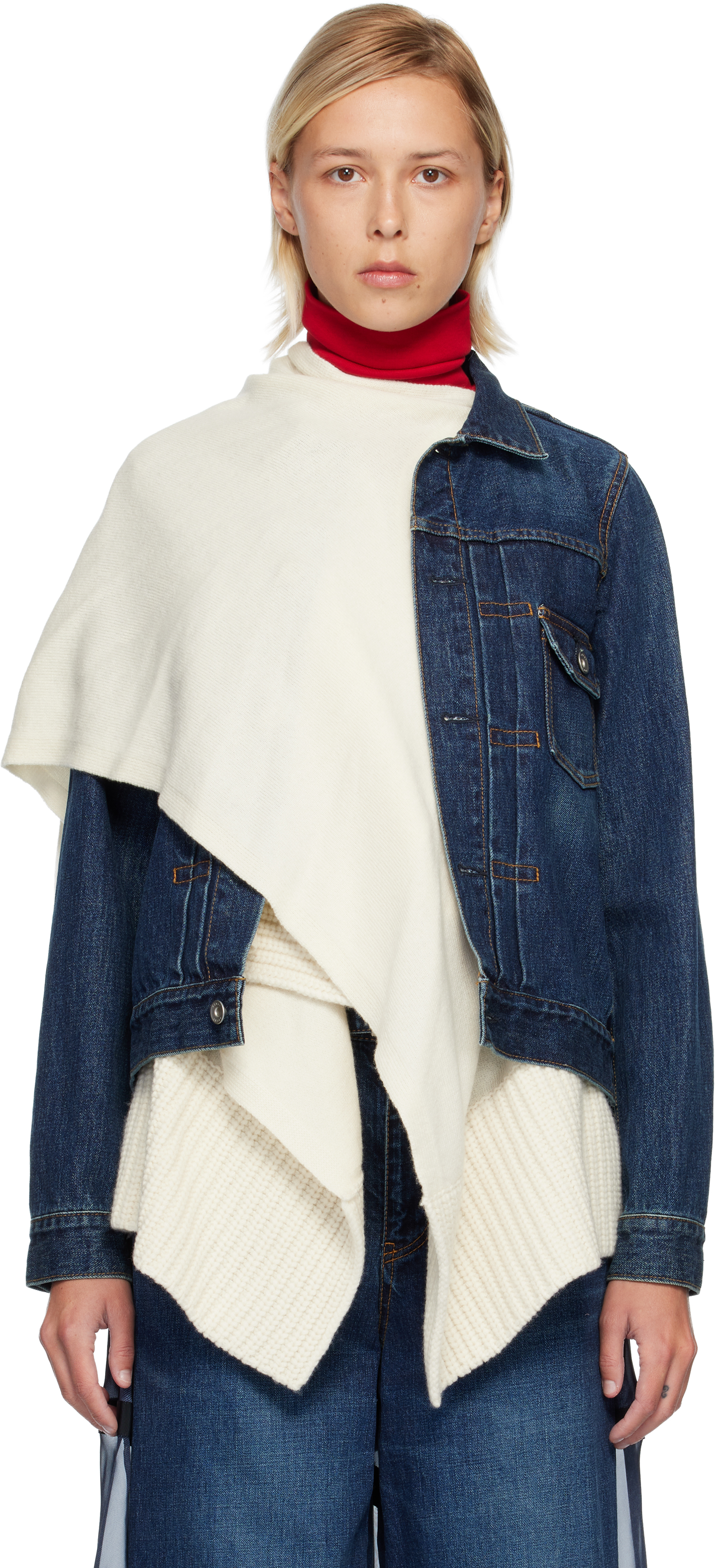 Blue & White Denim & Wool Knit Jacket Set by sacai on Sale
