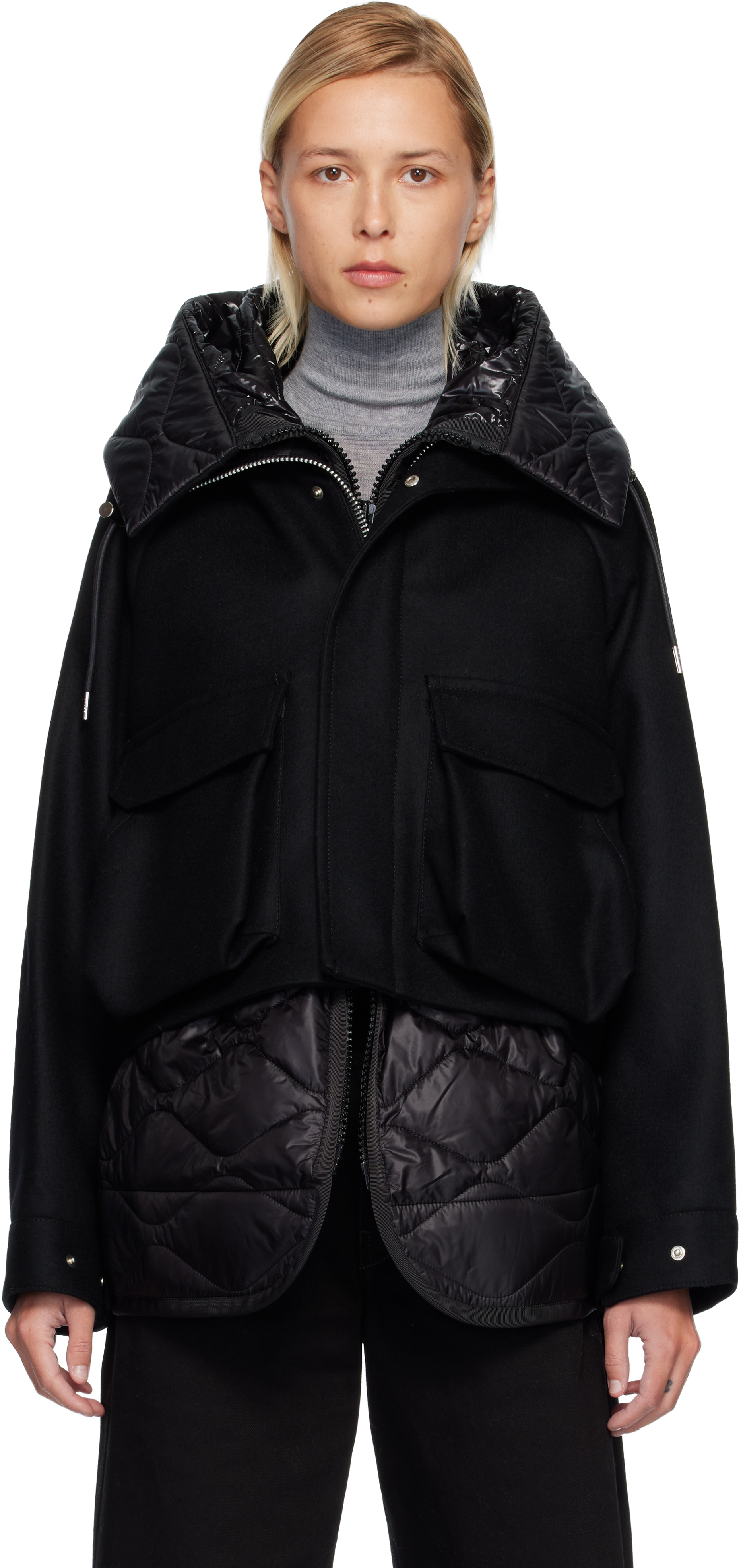 sacai: Black Wool Melton Blouson Coat | SSENSE