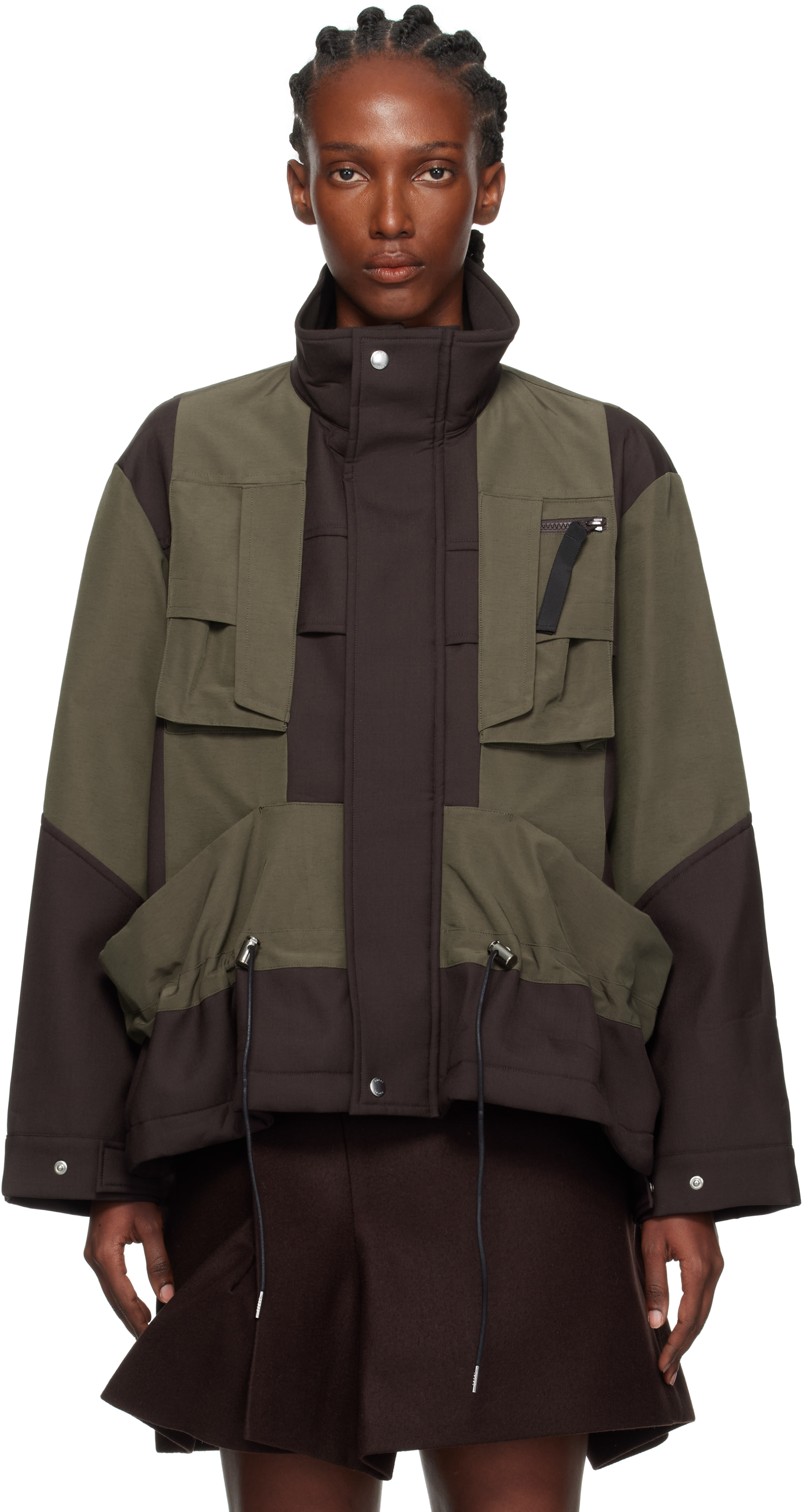 Sacai Draped Paneled Scuba And Cotton-blend Grosgrain Jacket In Multi