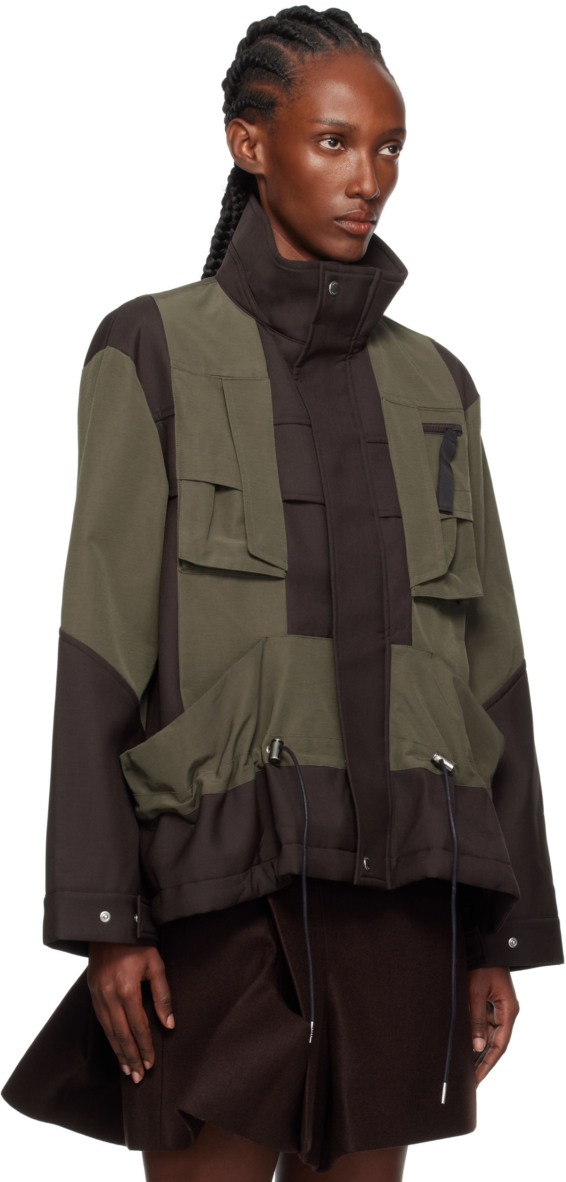Sacai Draped Paneled Scuba And Cotton-blend Grosgrain Jacket In Multi