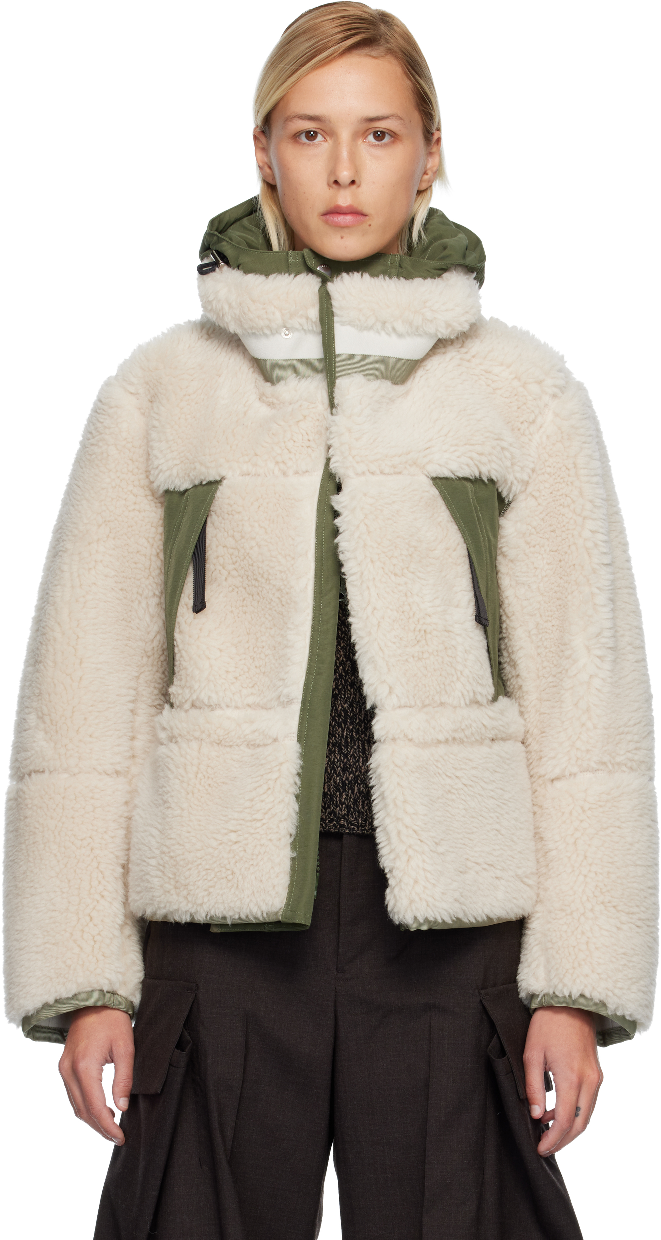 Off-White & Khaki Faux Shearling & Grosgrain Blouson Jacket by