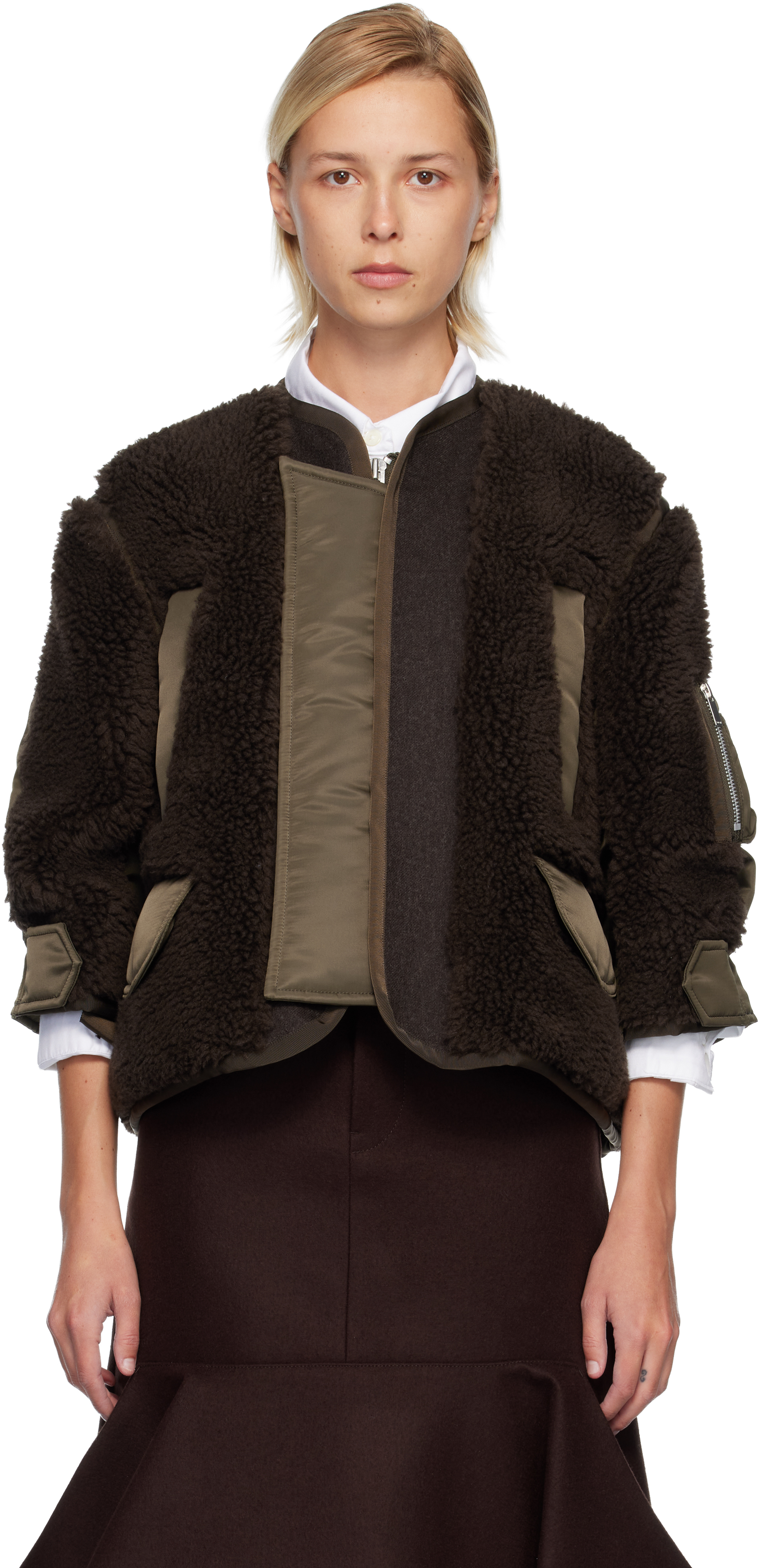 Sacai Brown & Khaki Faux-shearling & Nylon Twill Jacket In Brown