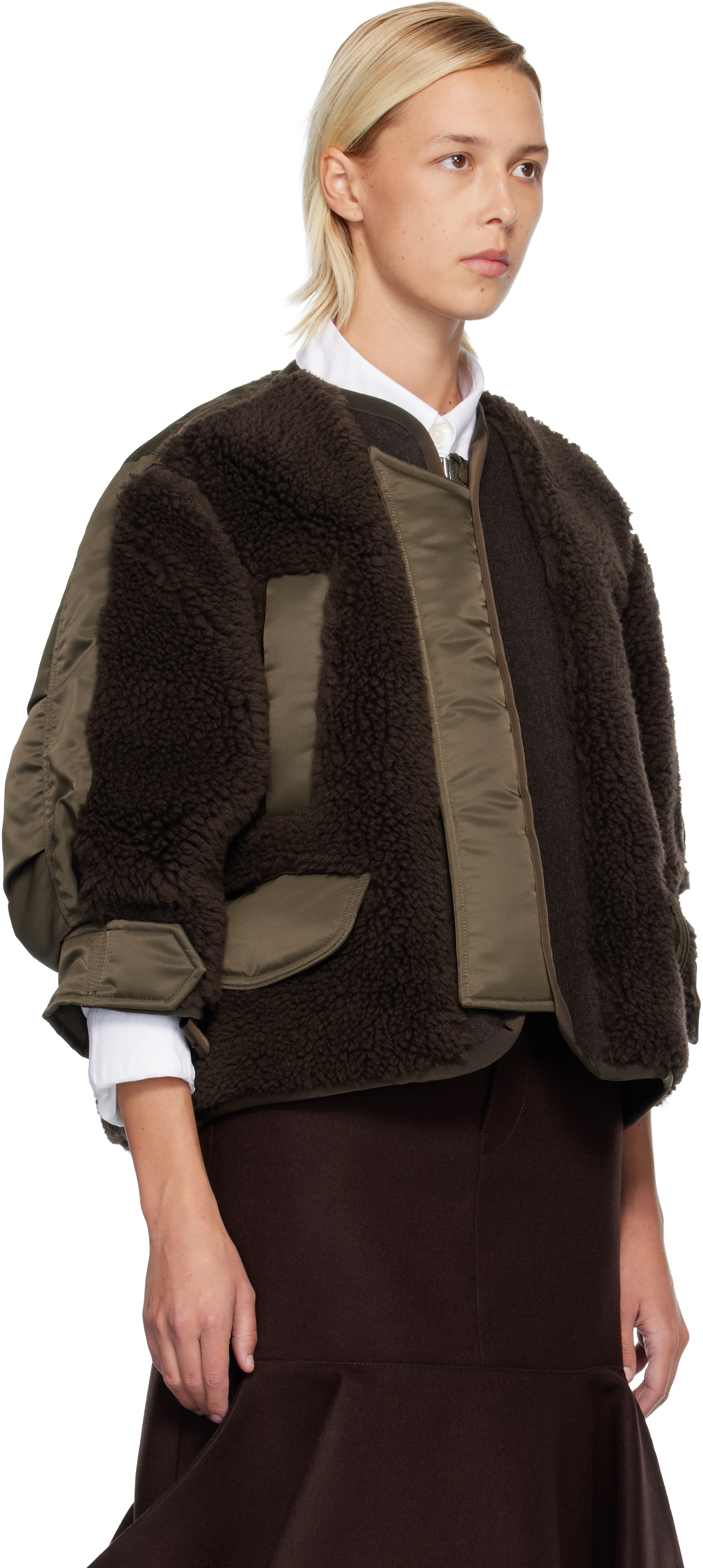 Sacai Brown & Khaki Faux-shearling & Nylon Twill Jacket In Brown