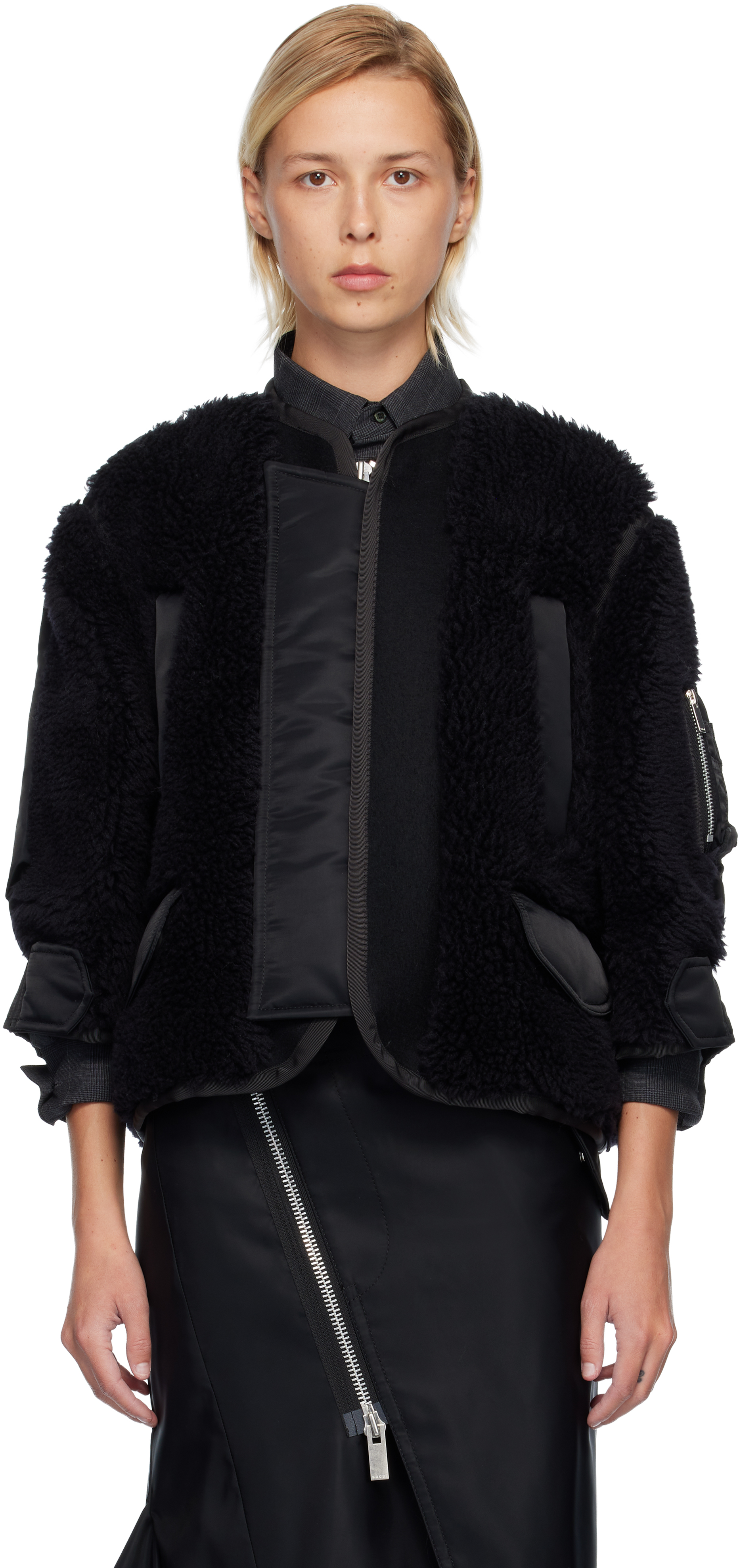 Black Faux-Shearling & Nylon Twill Jacket by sacai on Sale