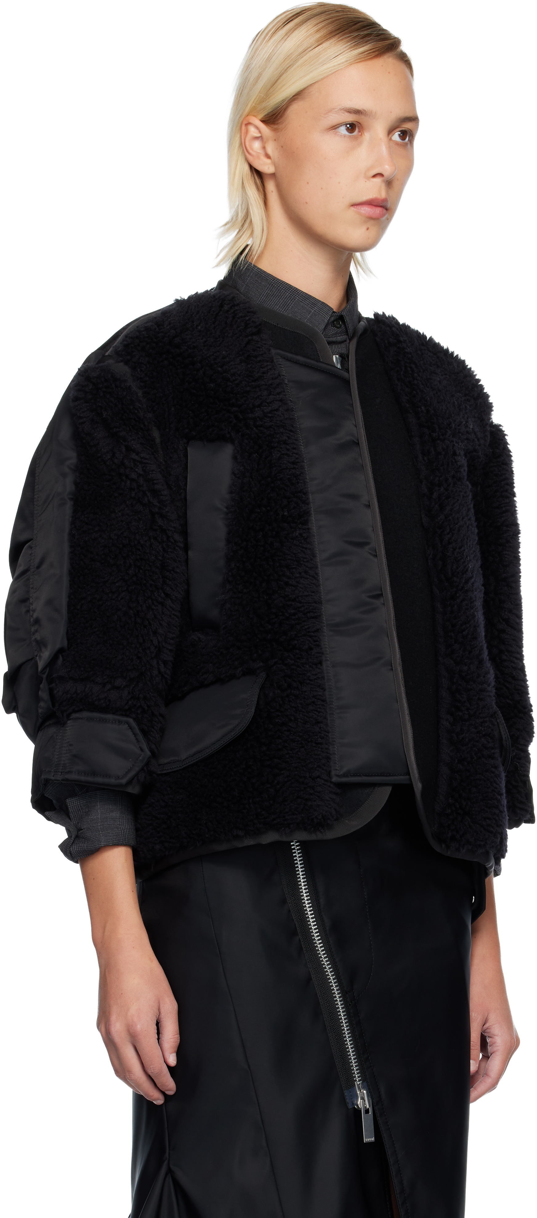 Sacai Faux Shearling X Nylon Twill Blouson In Black