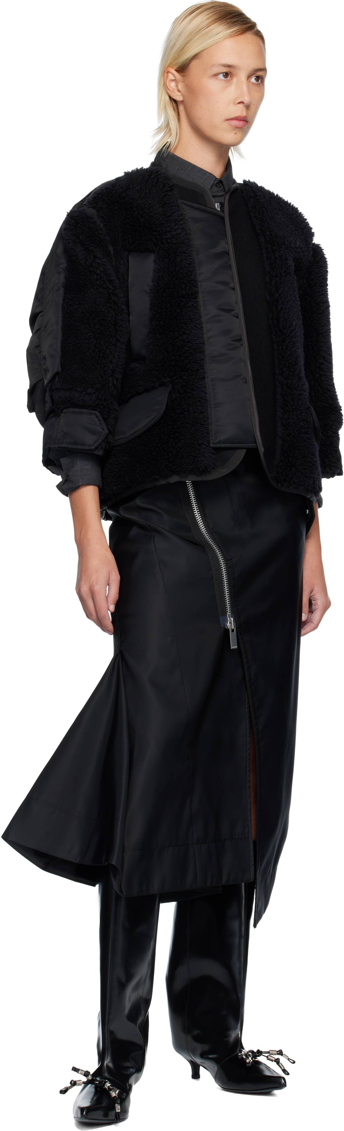 Sacai Faux Shearling X Nylon Twill Blouson In Black