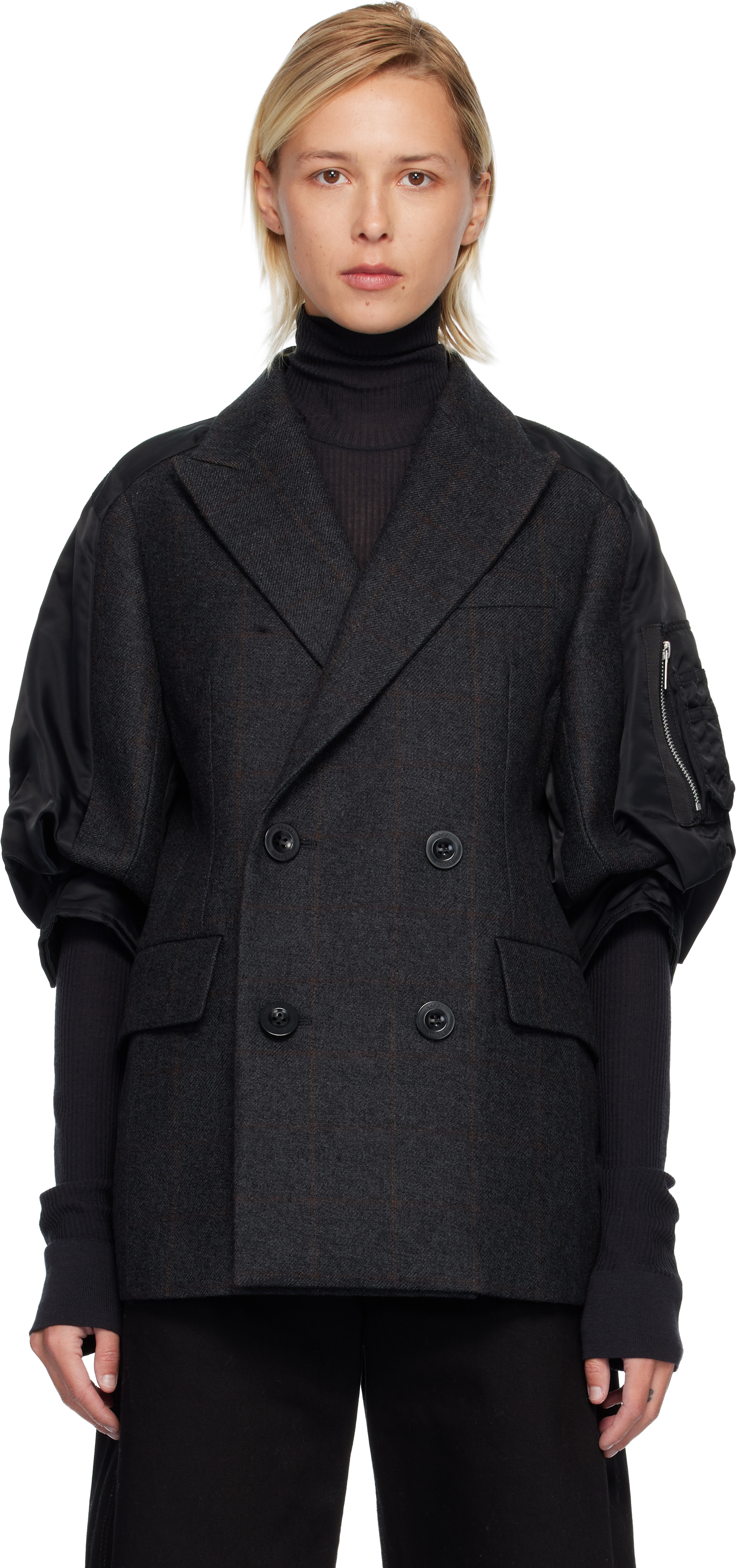 Sacai Gray & Black Double-faced Plaid Blazer In Gray